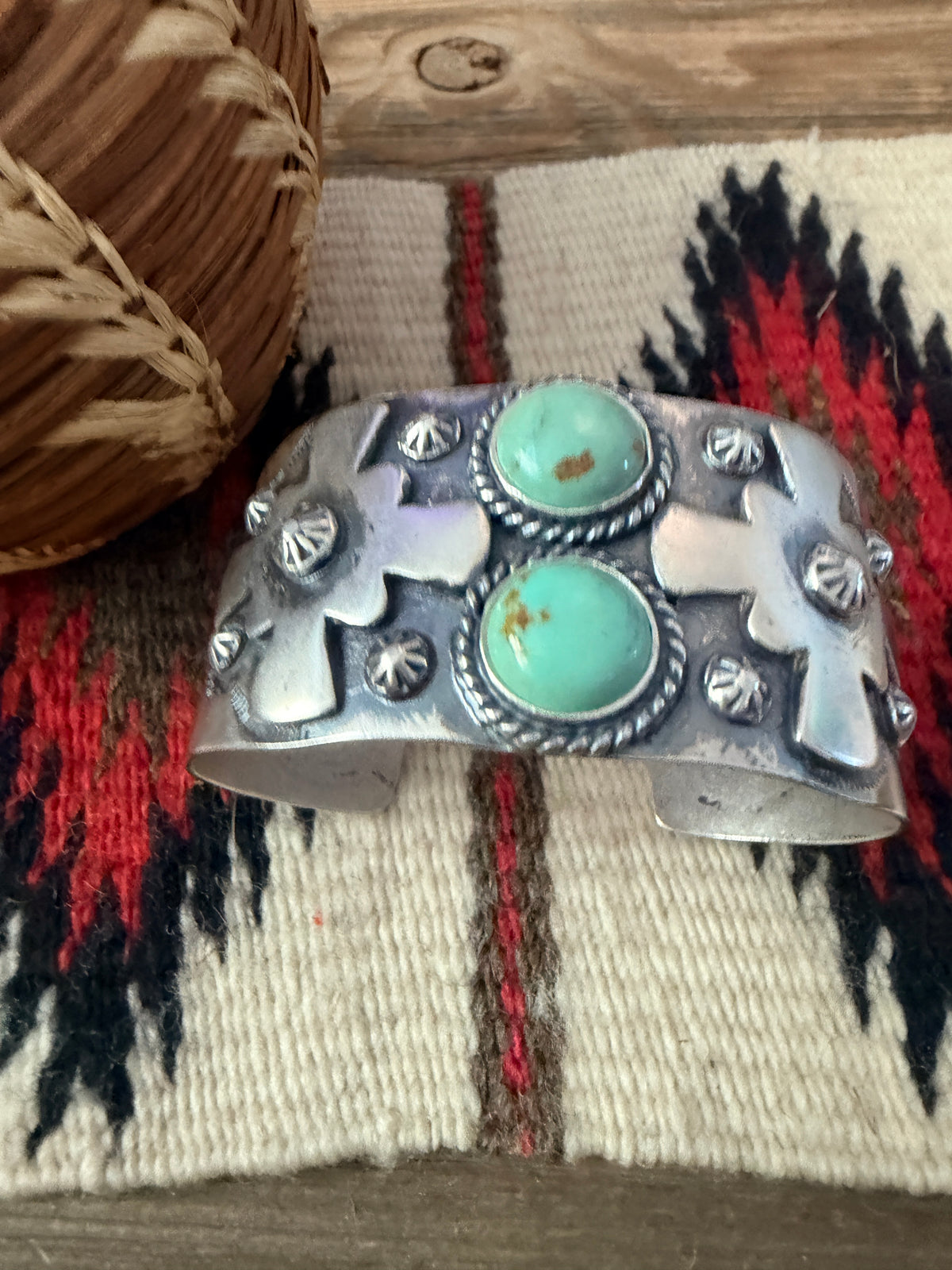 Handcrafted Turquoise & Sterling Silver Cross Cuff Bracelet by Larry Kaye
