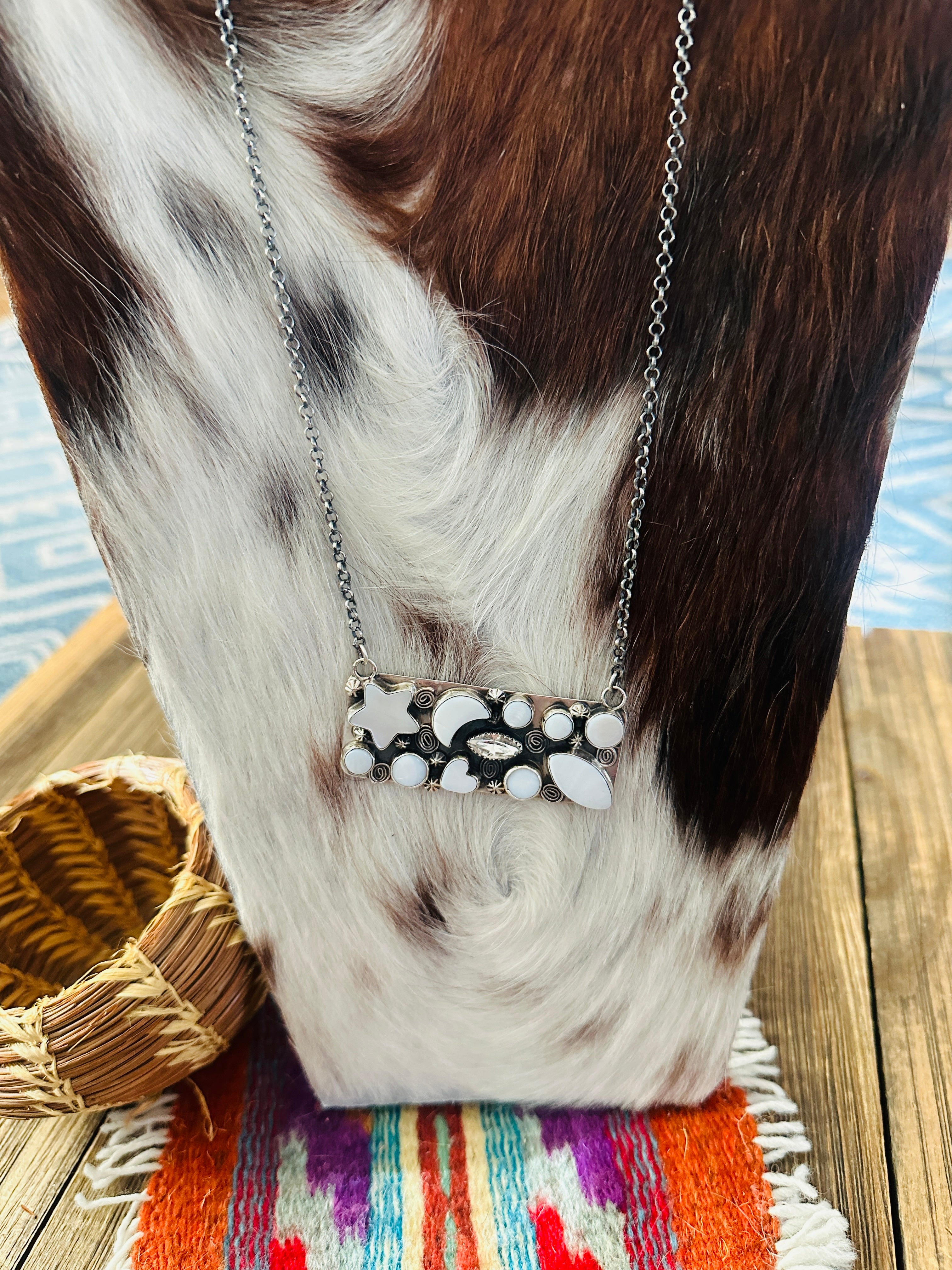 Handcrafted Mother of Pearl, CZ & Sterling Silver Bar Necklace by Jacqueline Silver