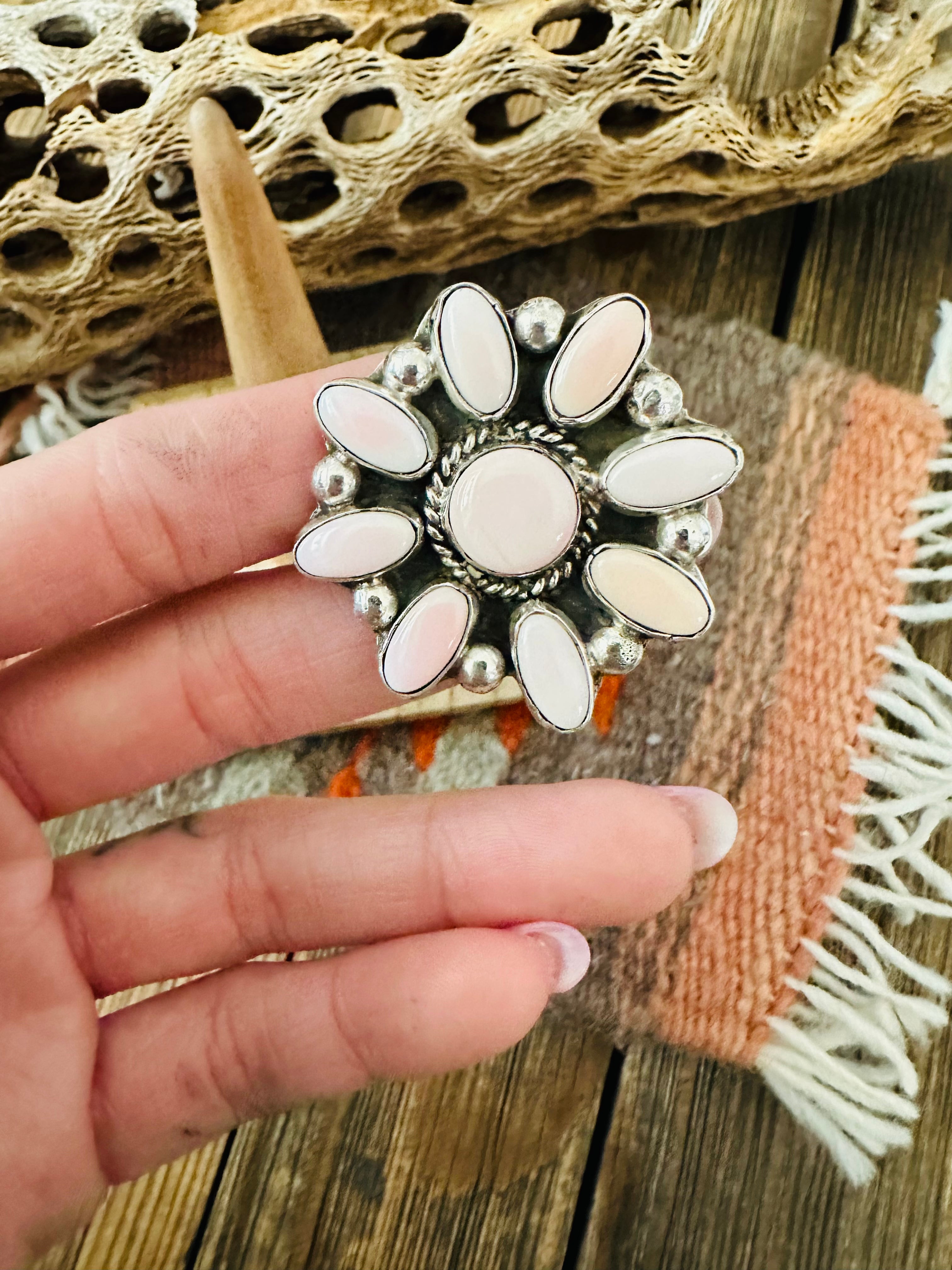 Handcrafted Sterling Silver and Queen Pink Conch Shell Adjustable Flower Ring