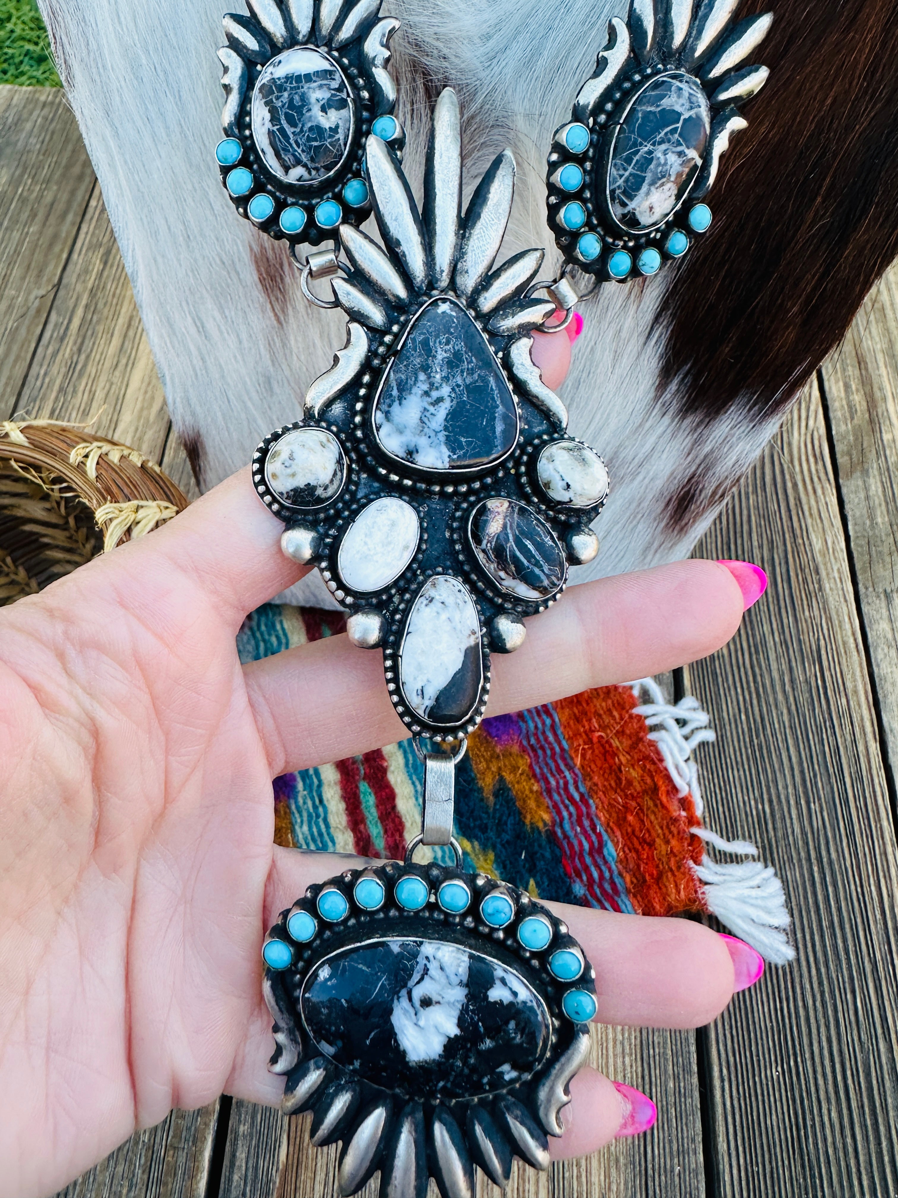 Handcrafted White Buffalo, Turquoise & Sterling Silver Necklace by Shawn Cayatineto