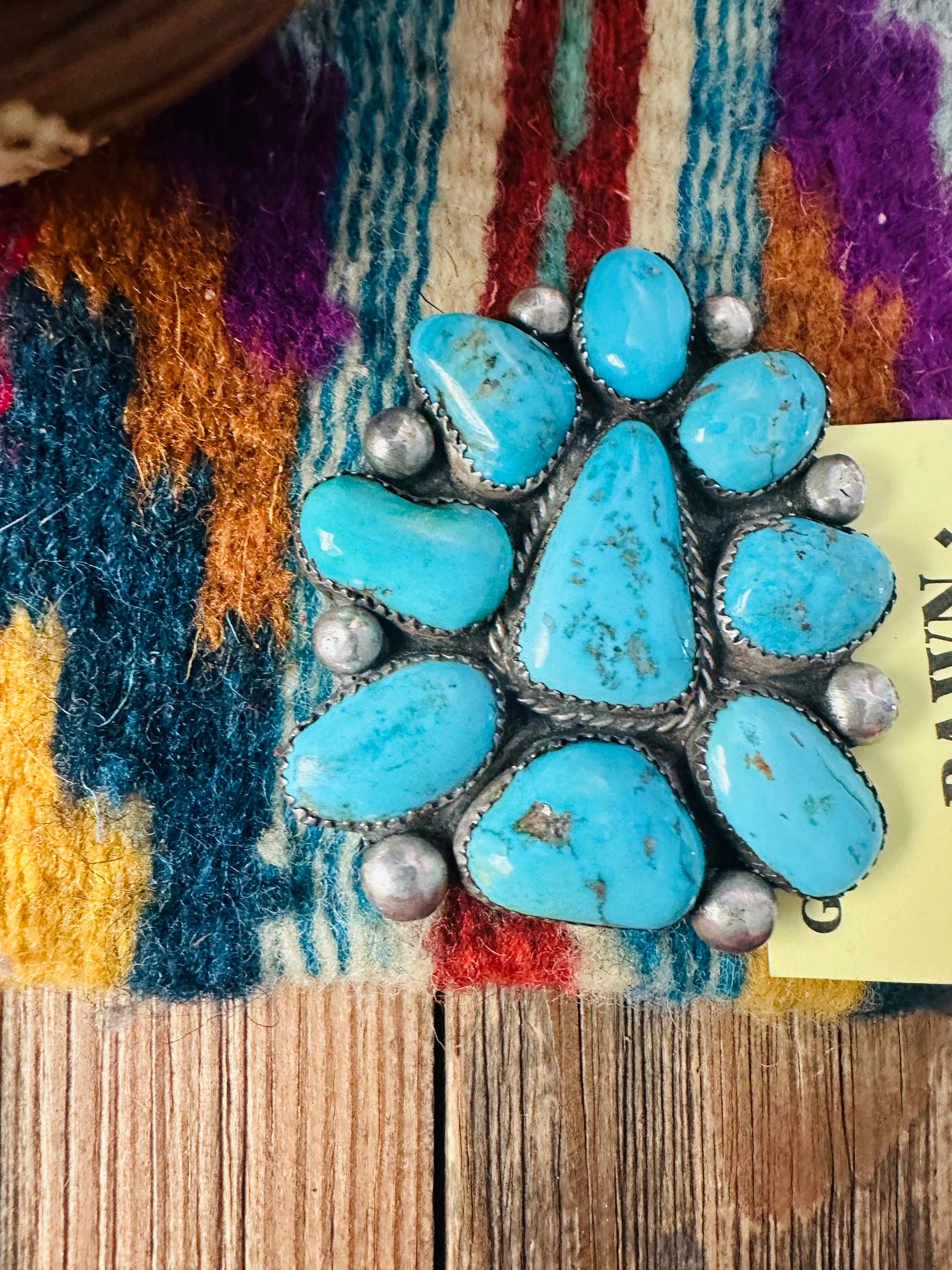 Old Pawn Handcrafted Turquoise and Sterling Silver Cluster Brooch