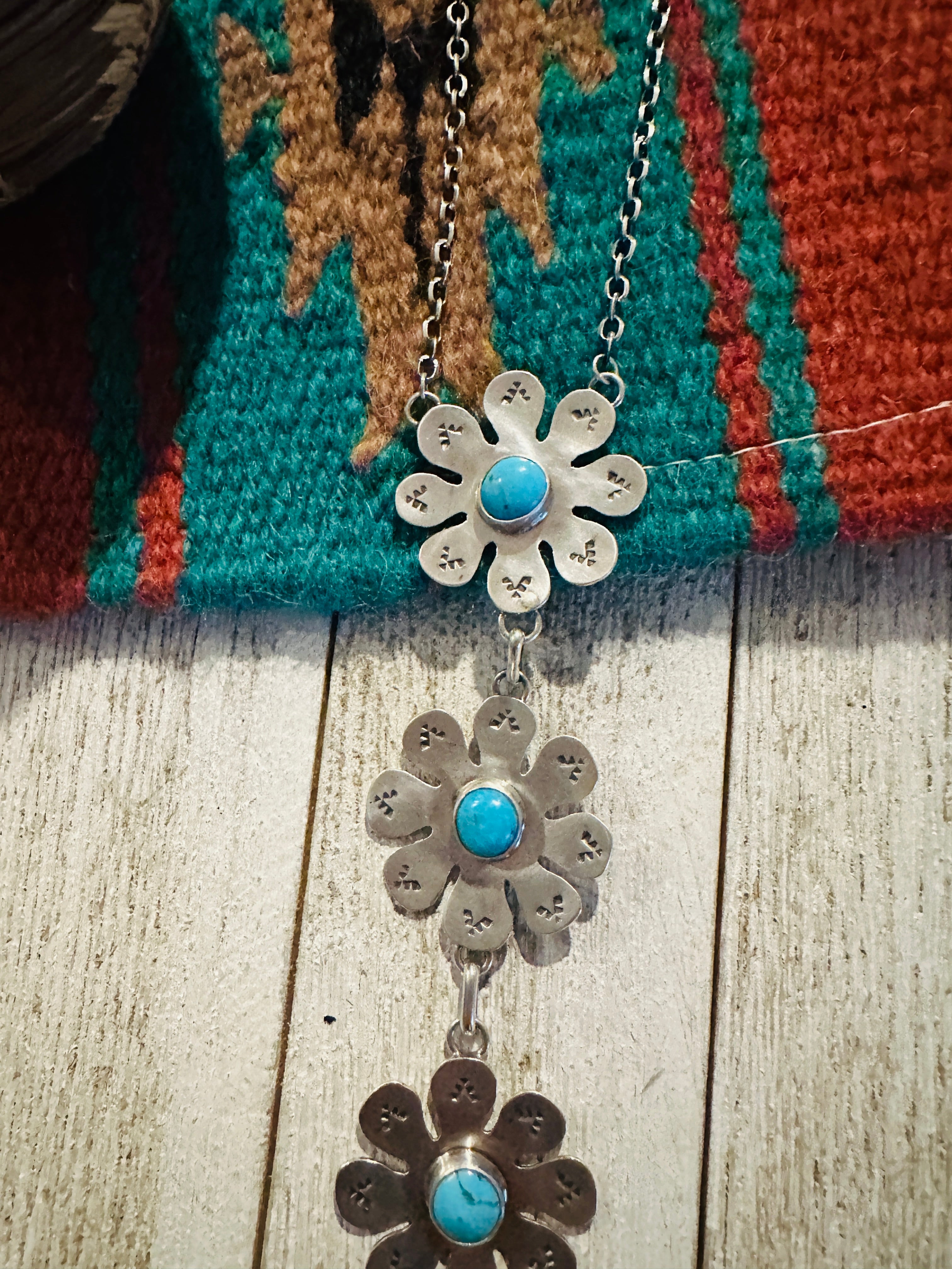 Handcrafted Sterling Silver & Turquoise Flower Lariat Necklace