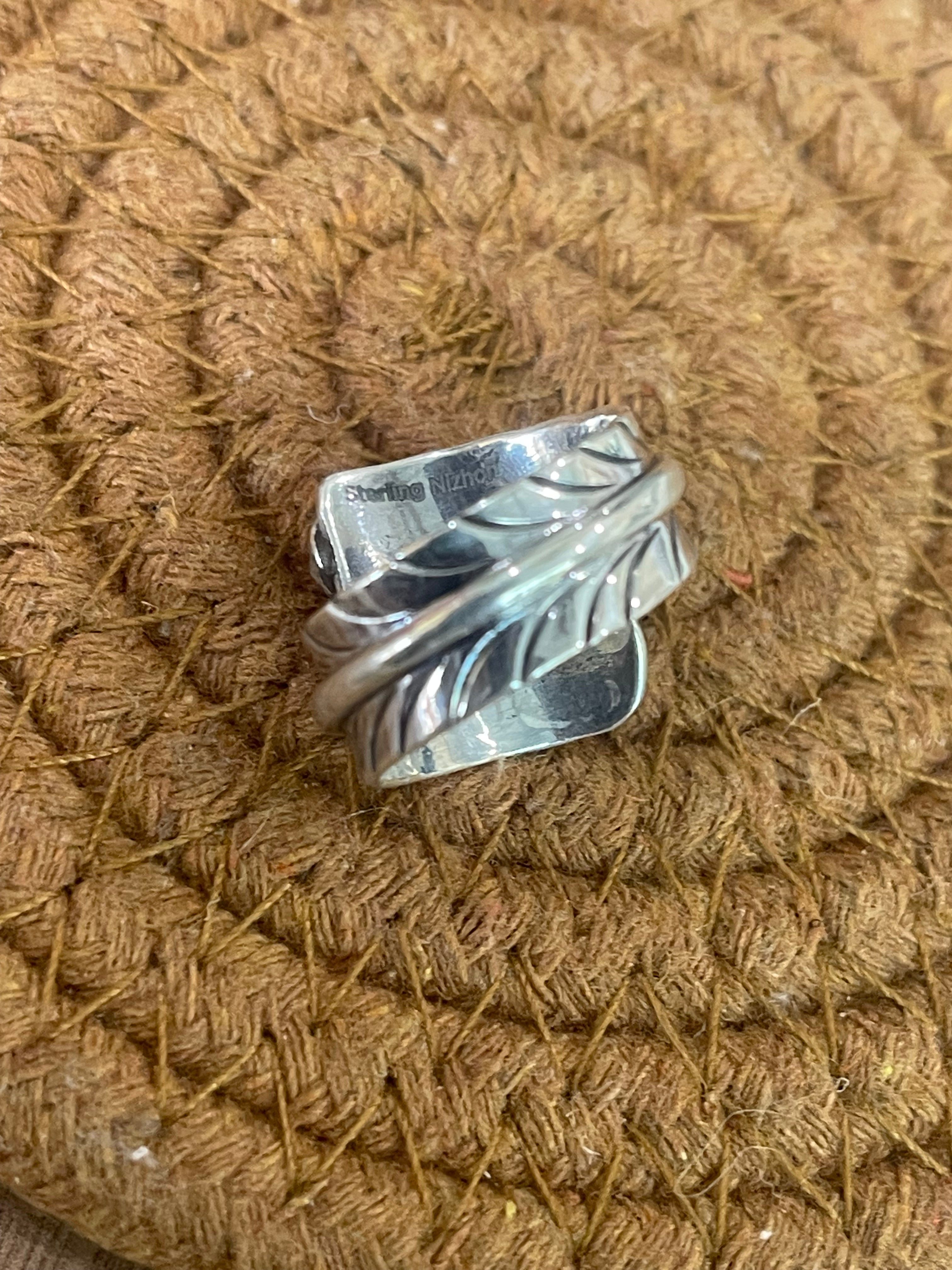 Handmade Sterling Silver & Turquoise Adjustable Feather Band Ring