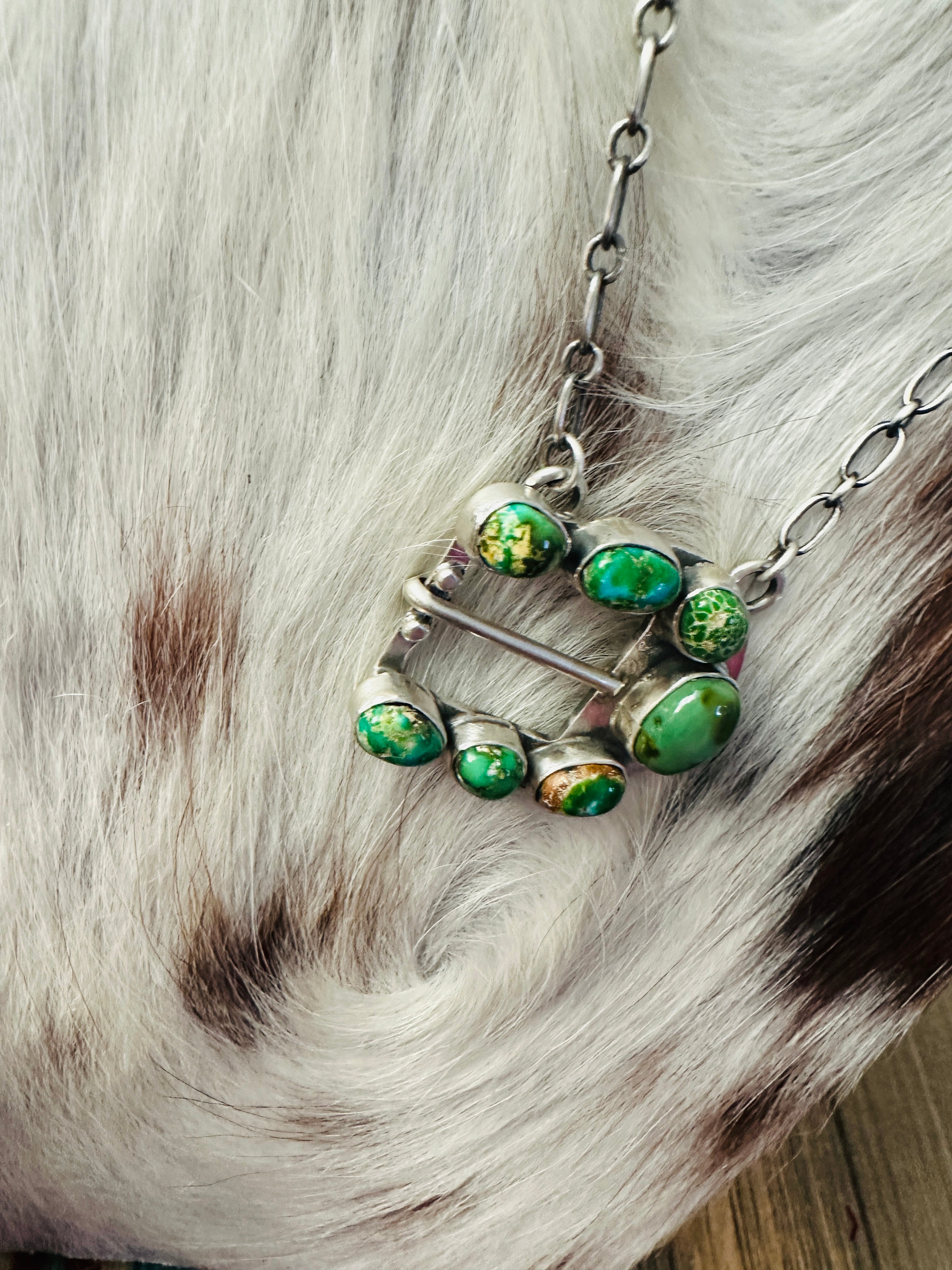 Handcrafted Sonoran Mountain Turquoise & Sterling Silver Belt Buckle Necklace by Russell Sam