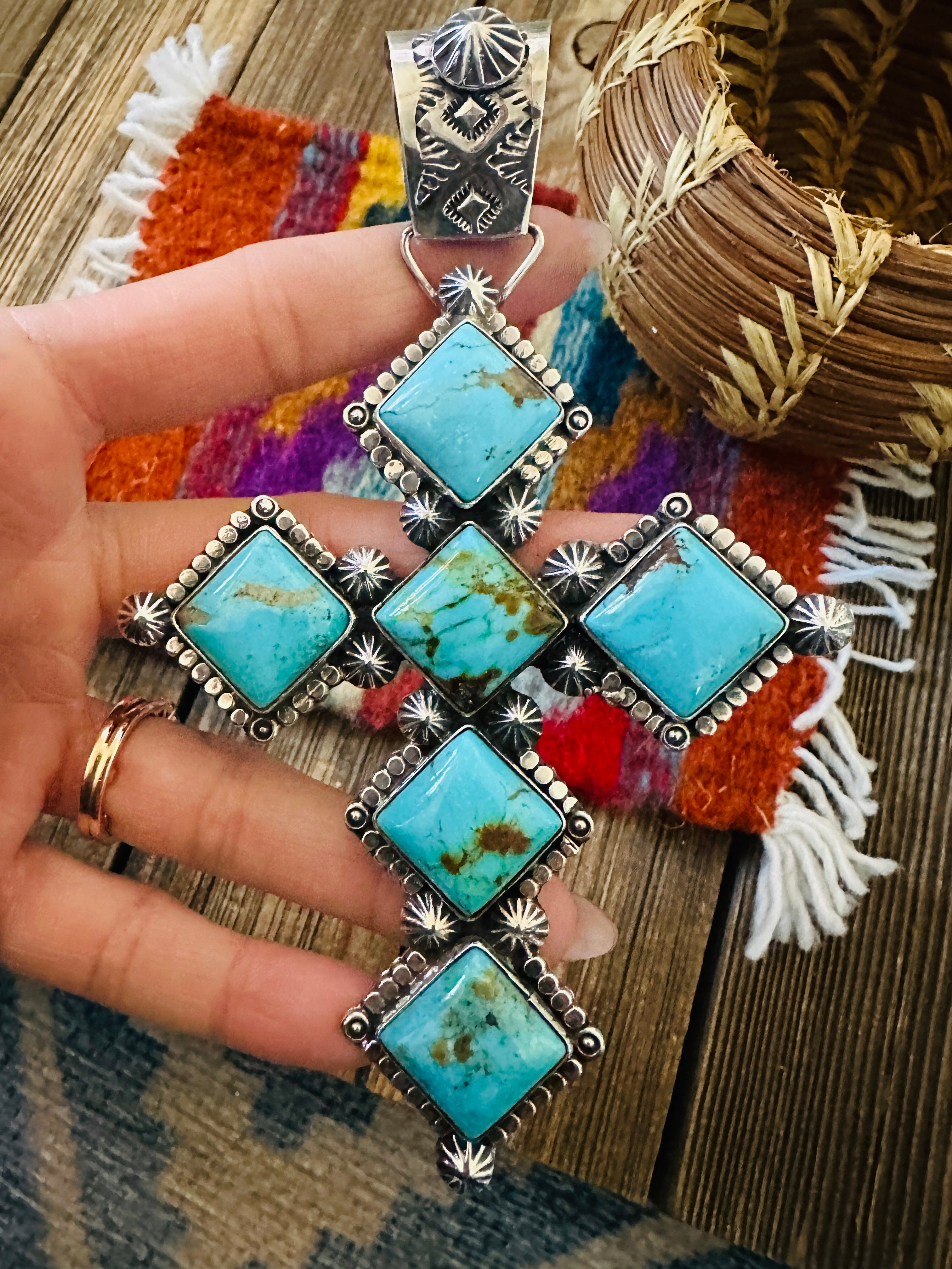 Handcrafted Sterling Silver & Kingman Turquoise Cross Pendant by Rosella Paxson