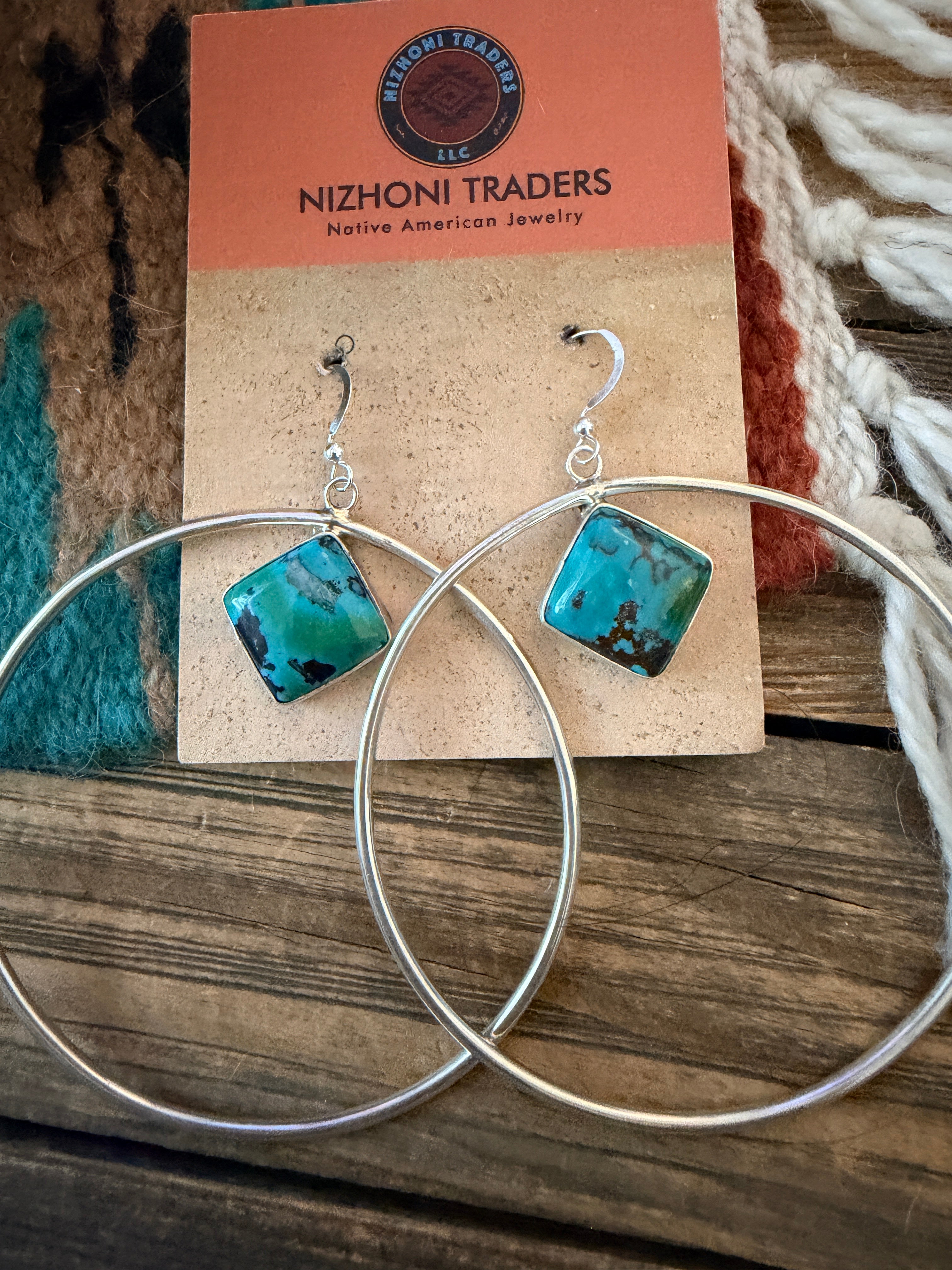 Handcrafted Turquoise & Sterling Silver Hoop Earrings by Patrick Yazzie