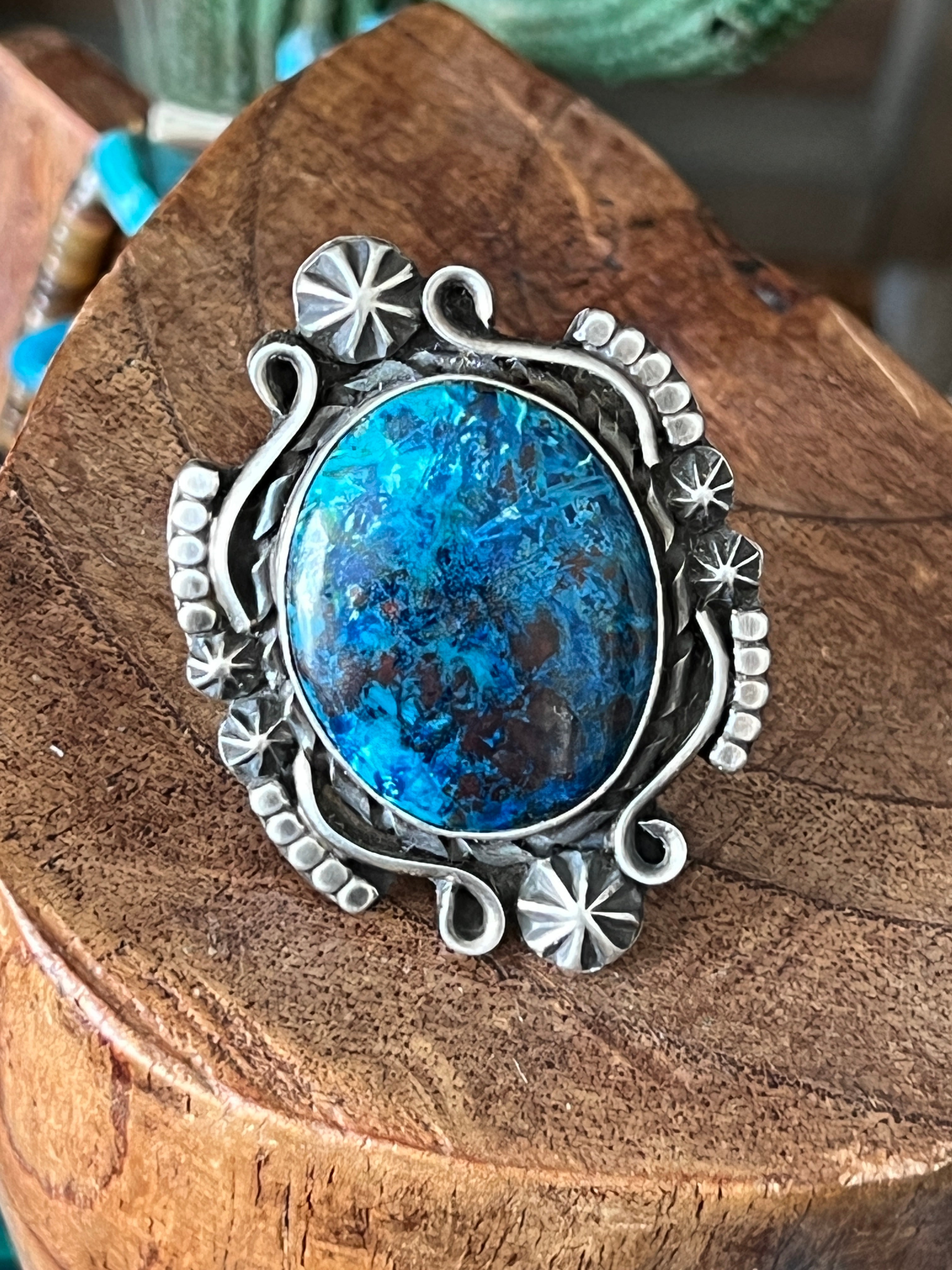 Apache Sterling Silver and Chrysocolla Azurite Ring by Rosella Paxson, Size 7