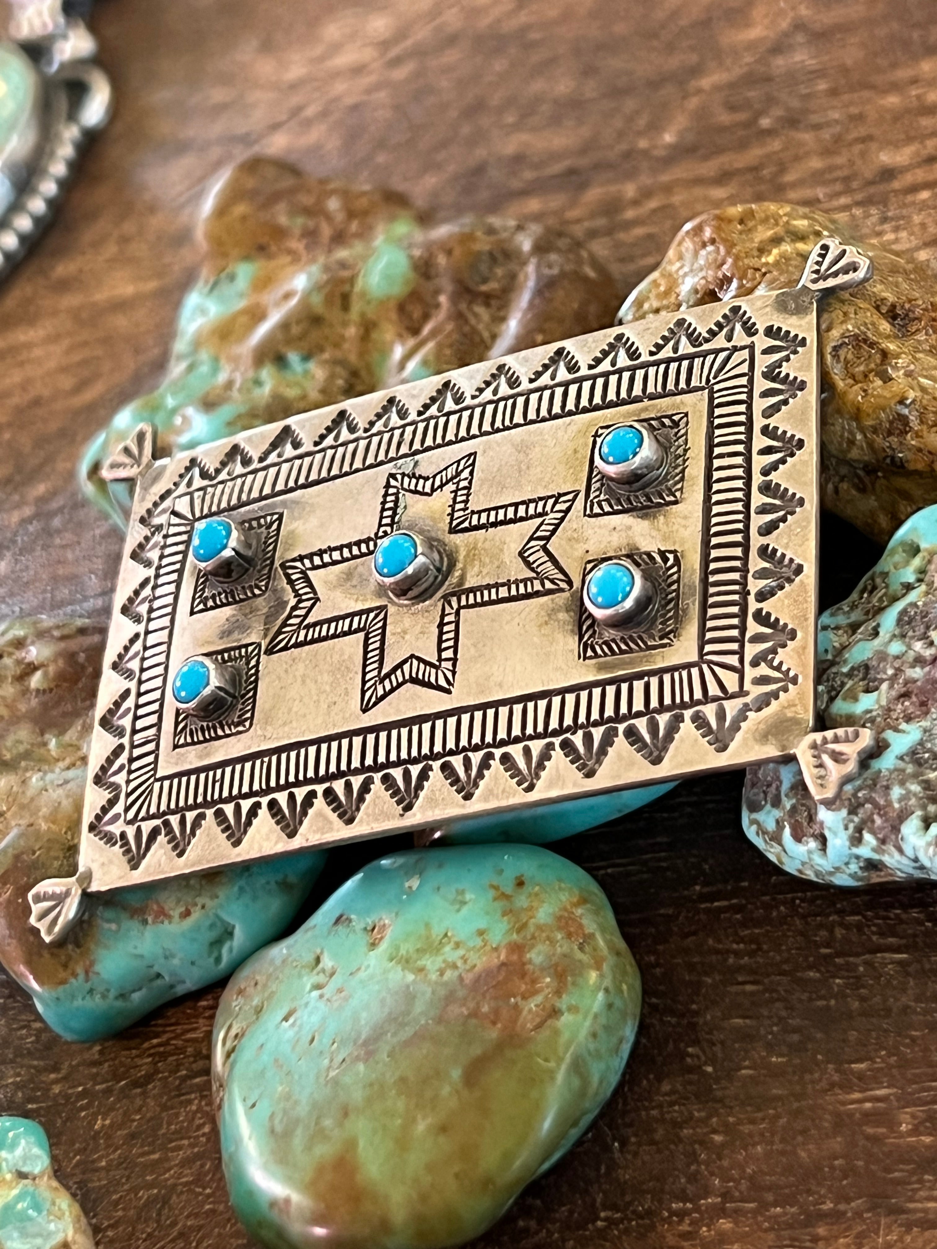 Handcrafted Sterling Silver and Turquoise Rug Brooch by Lee Charley