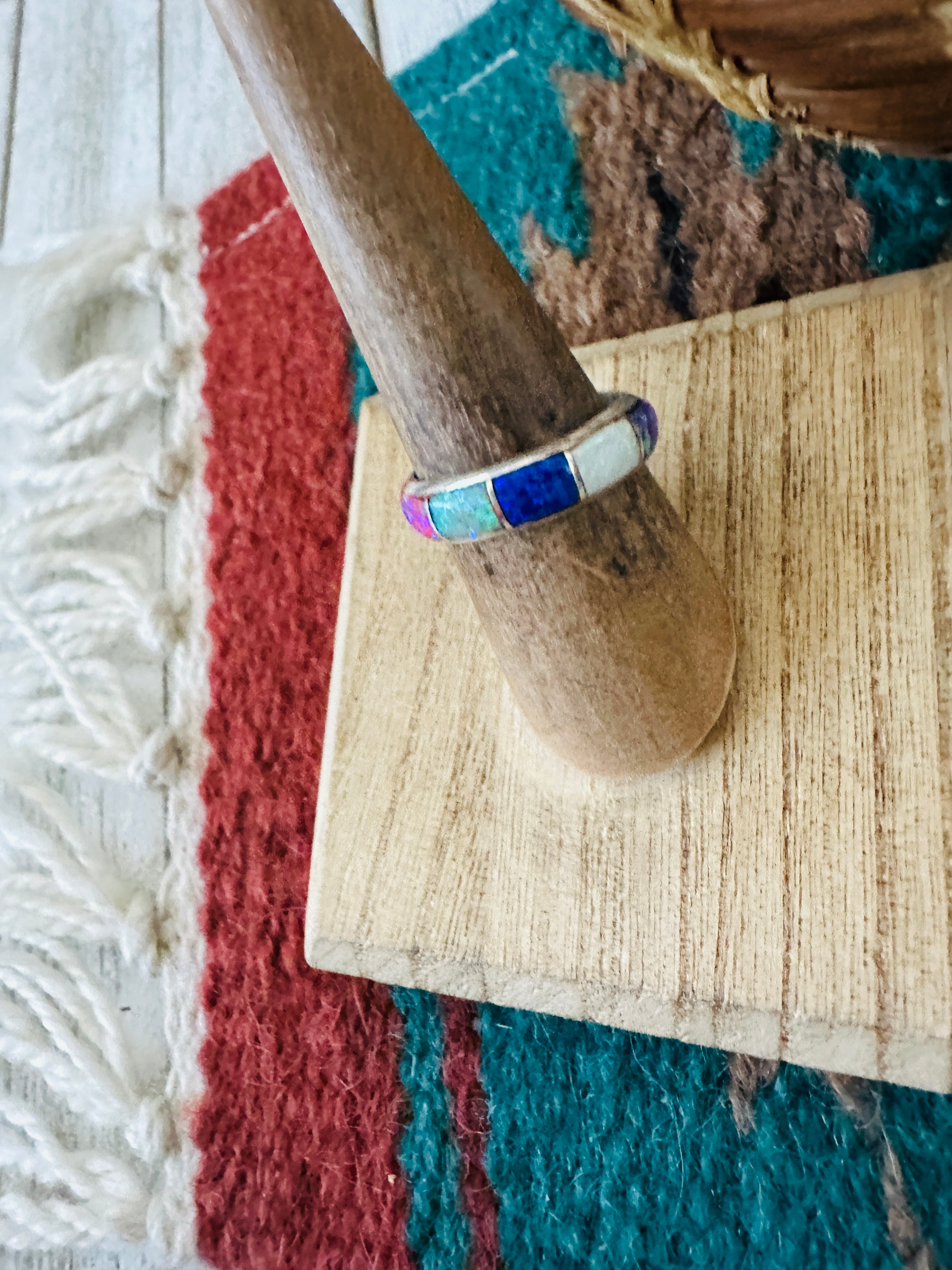 Handcrafted Sterling Silver & Multicolor Opal Inlay Band Ring Size 7.25