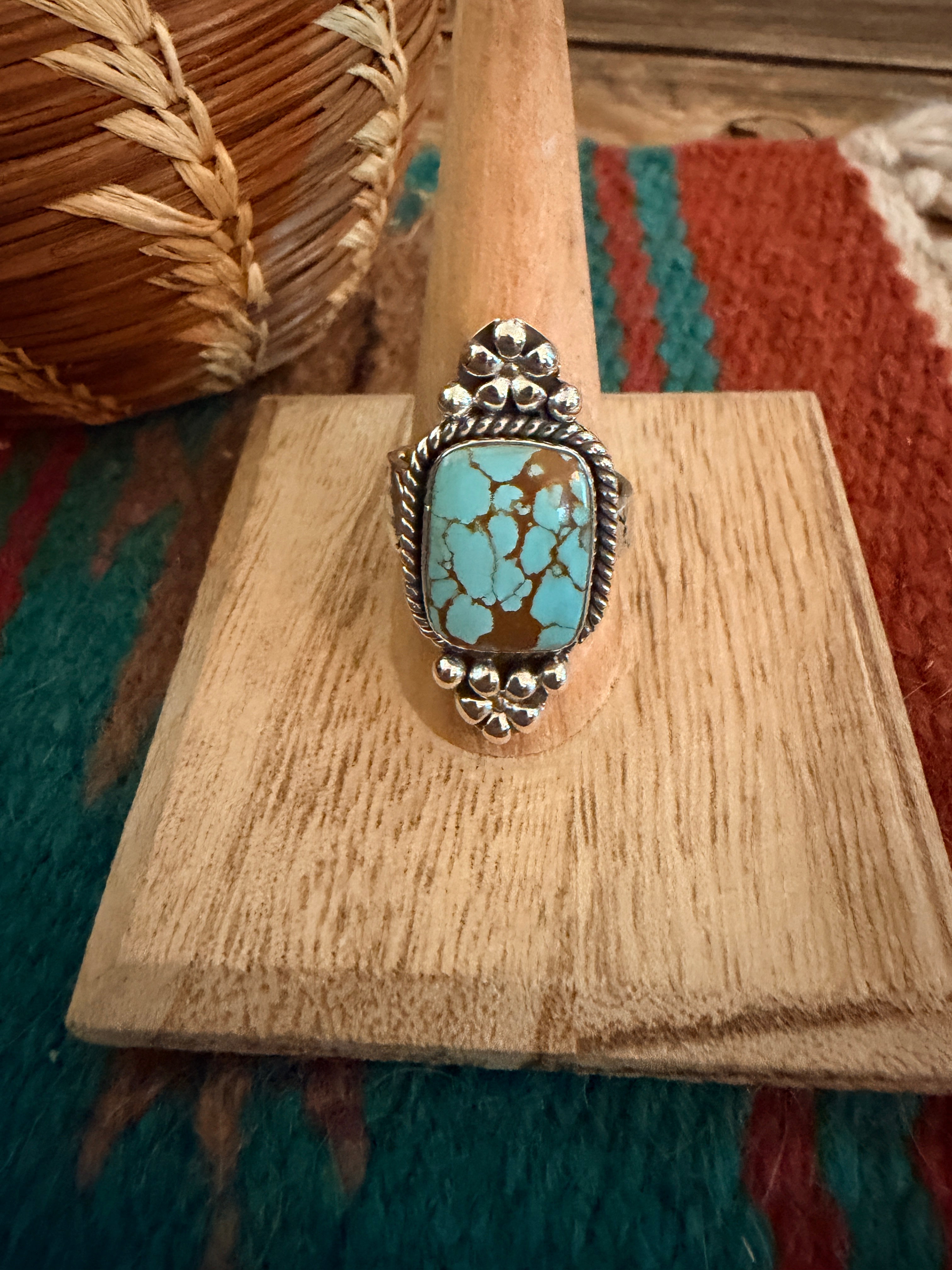 Handmade Sterling Silver Number 8 Turquoise Adjustable Ring Signed Nizhoni