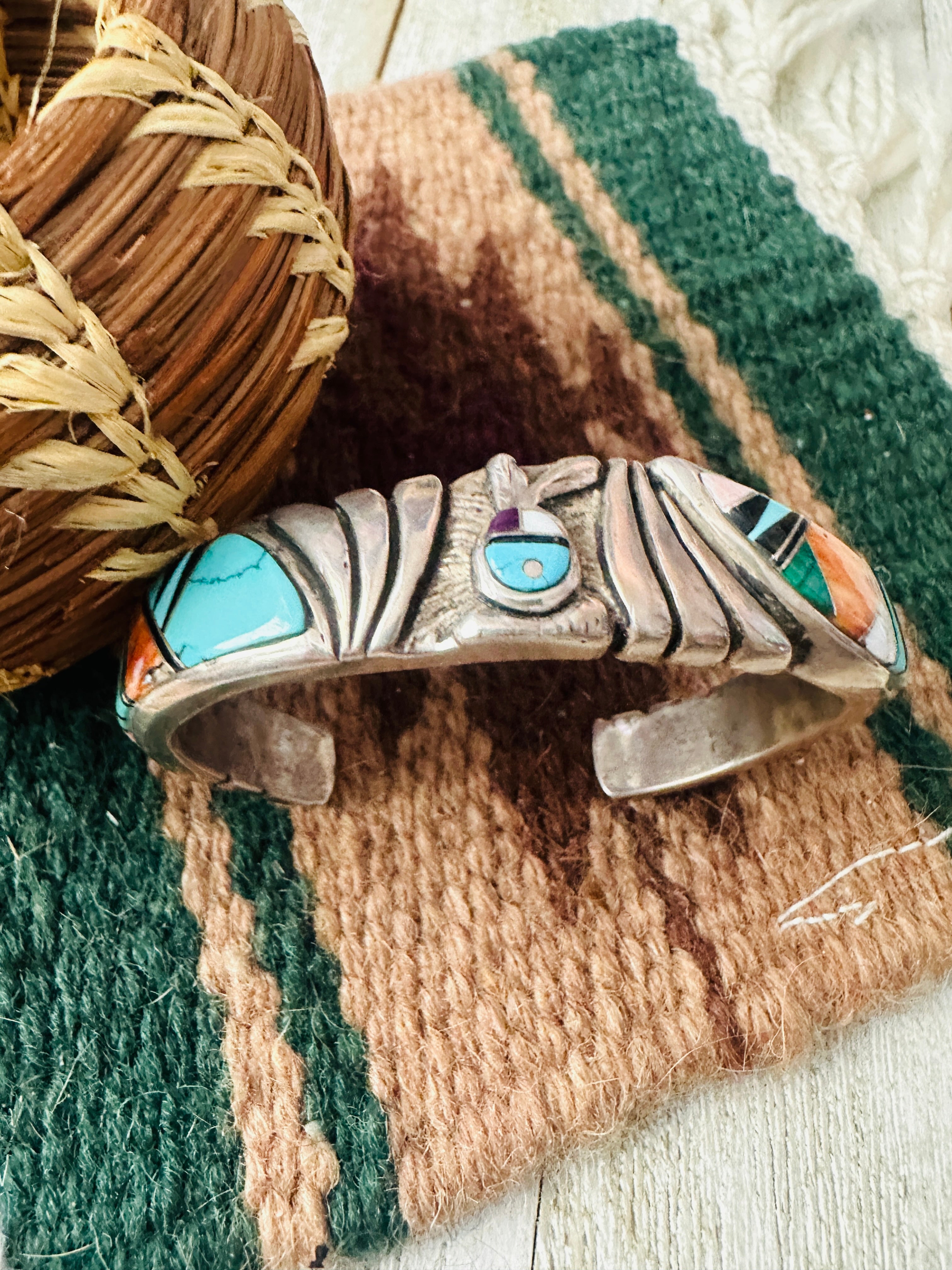 Handcrafted Old Pawn Multi Stone & Sterling Silver Inlay Cuff Bracelet