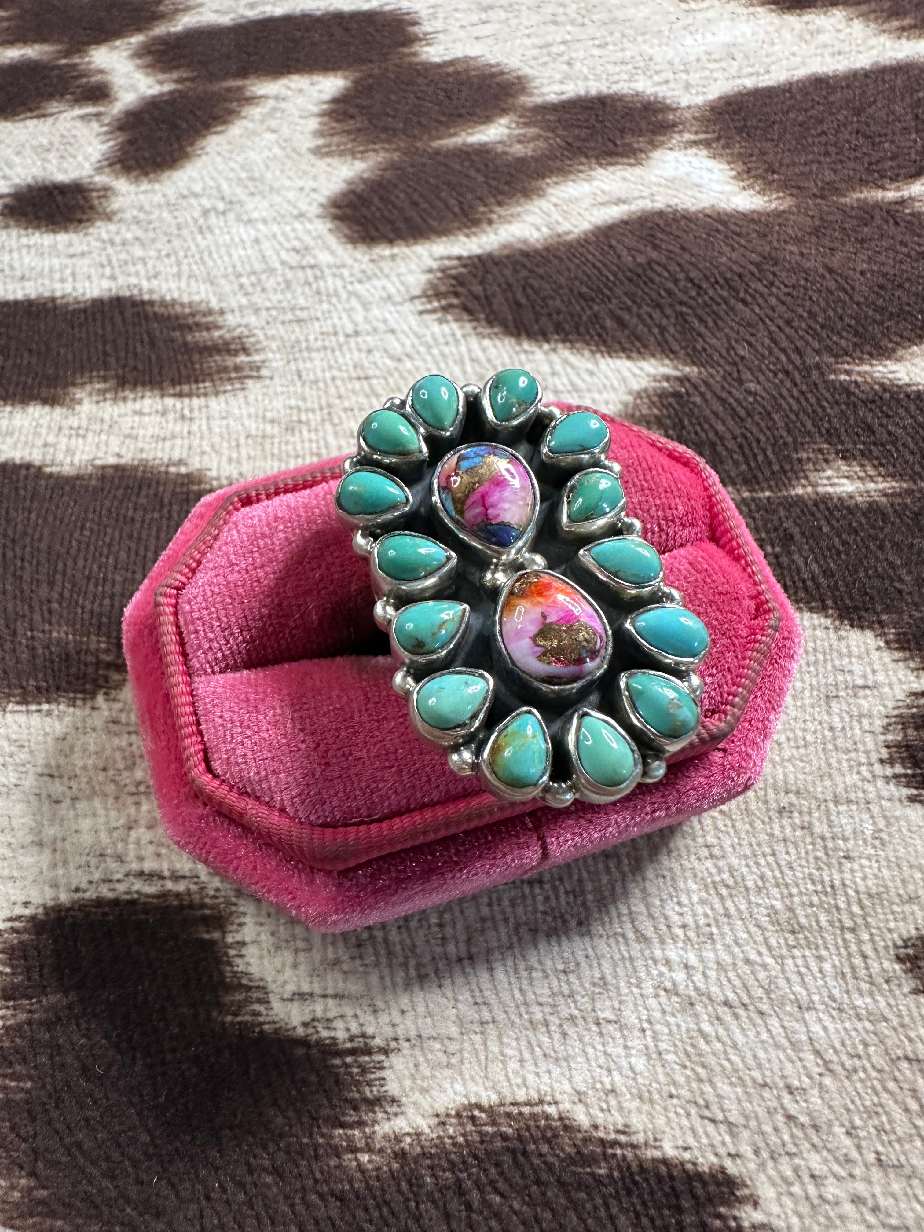 Beautiful Handmade Turquoise, Pink Dream Mojave And Sterling Silver Adjustable Ring