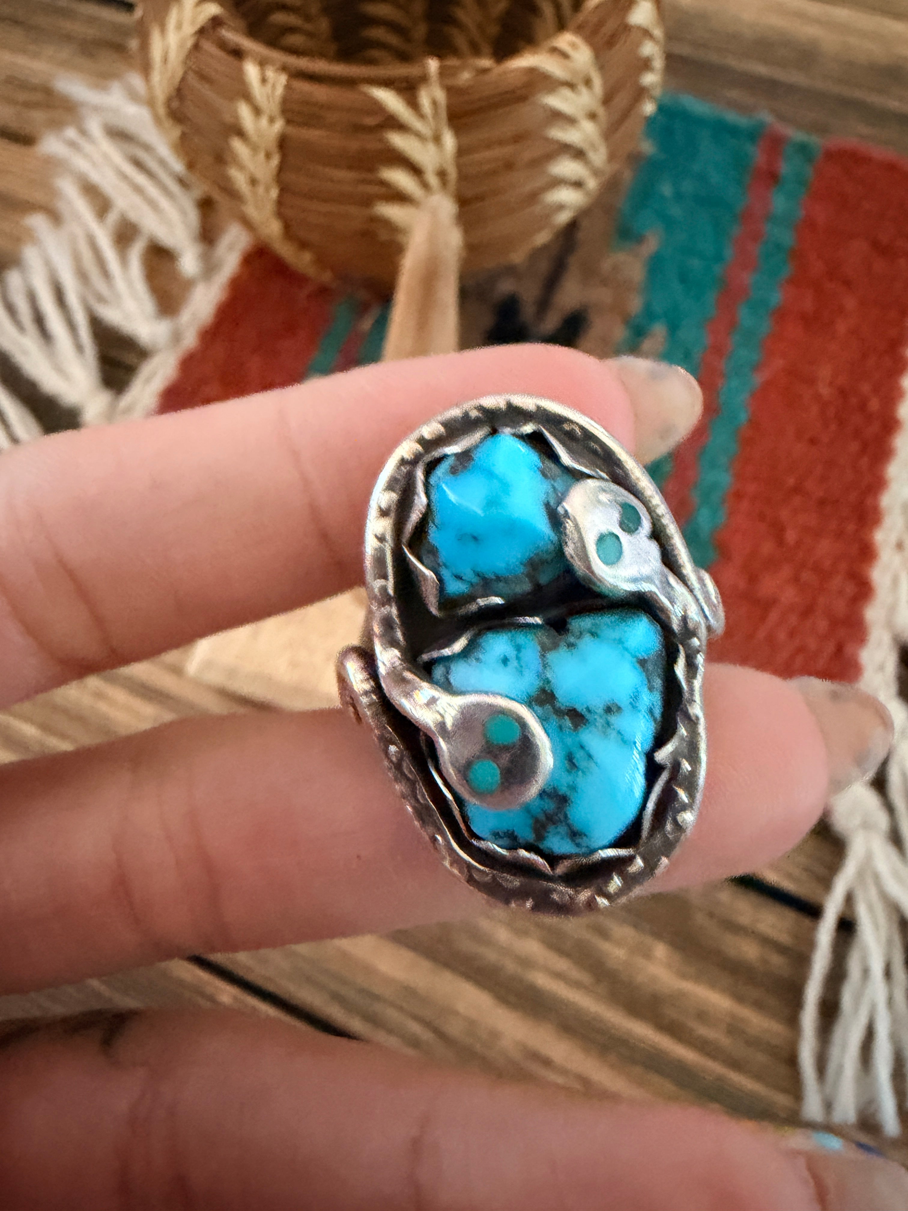 Old Pawn Handcrafted Turquoise & Sterling Silver Snake Ring Size 11.5 by Effie Calavaza
