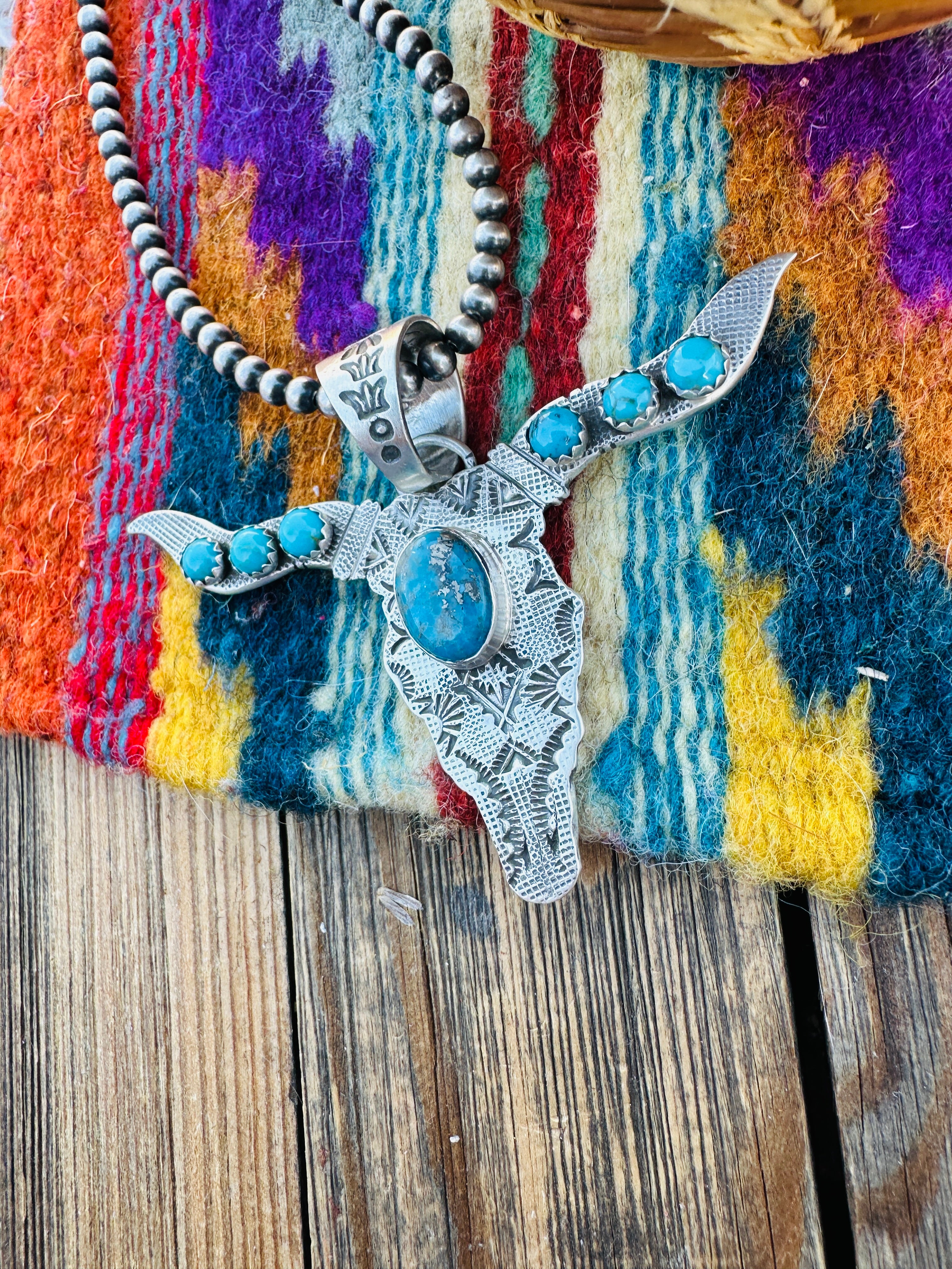 Handcrafted Sterling Silver & Turquoise Bullhead Pendant by Leroy James