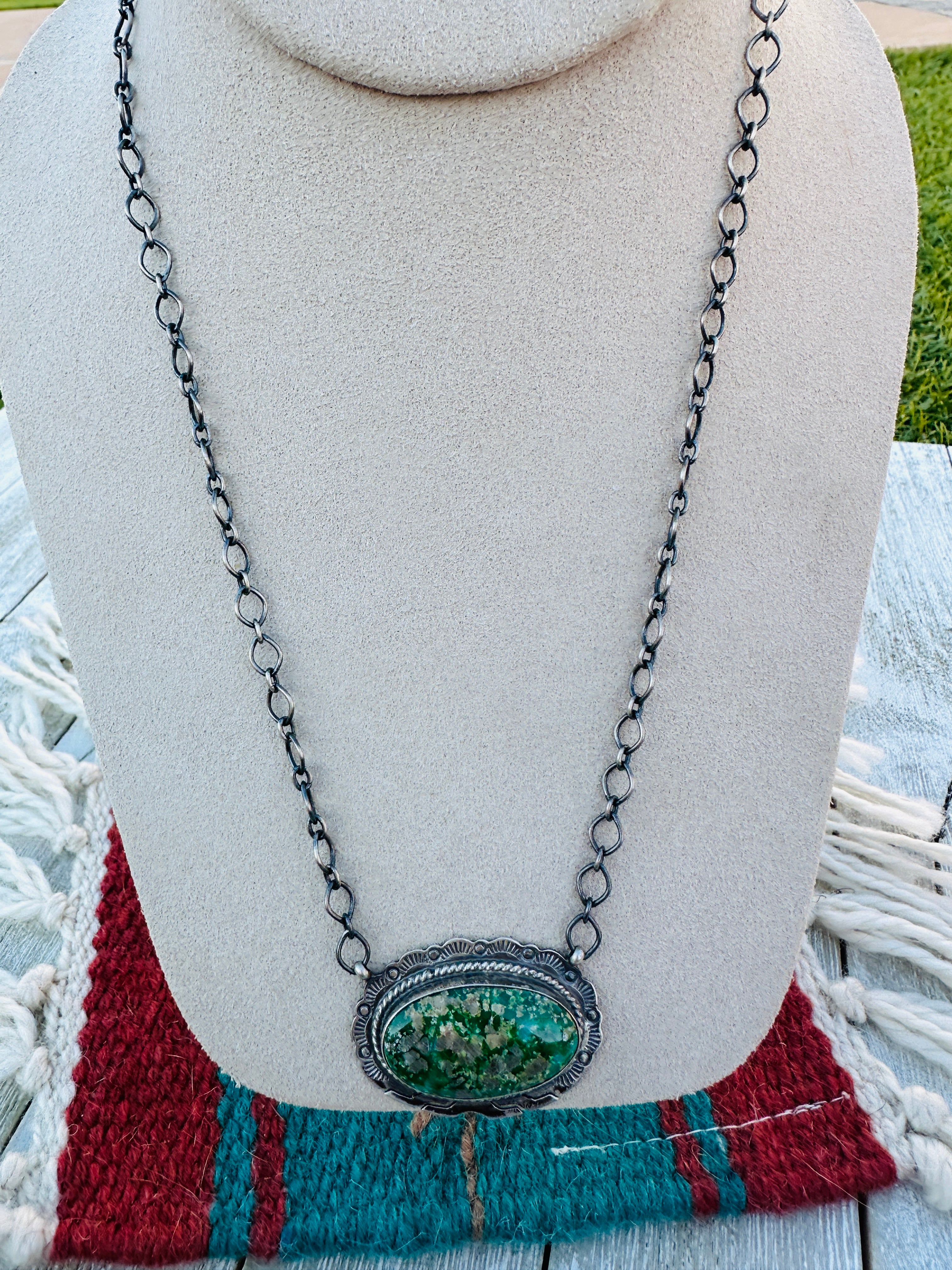 Handcrafted Sterling Silver 18” Link Chain & Turquoise Necklace