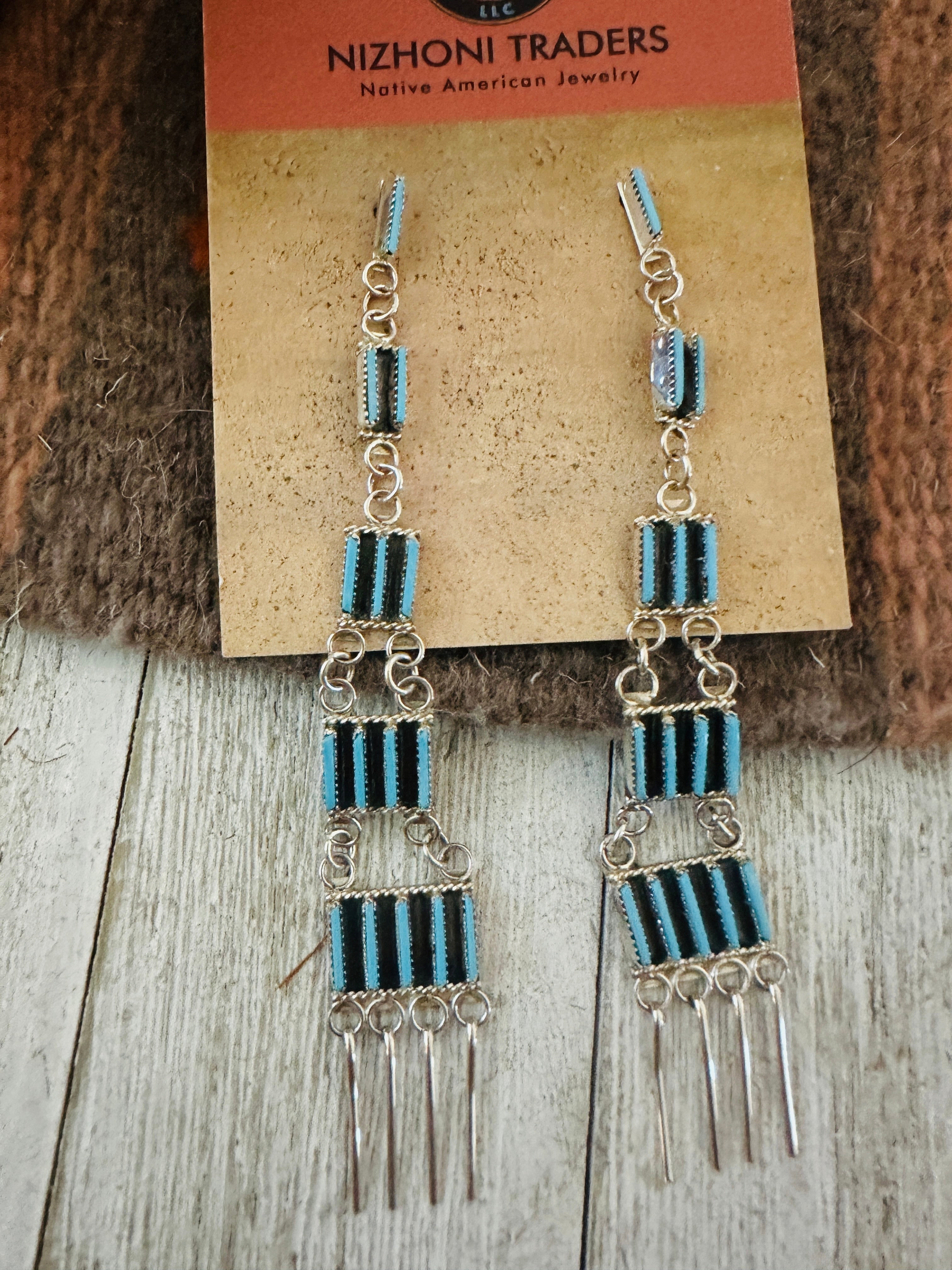 Handcrafted Sterling Silver & Turquoise Needlepoint Dangle Earrings