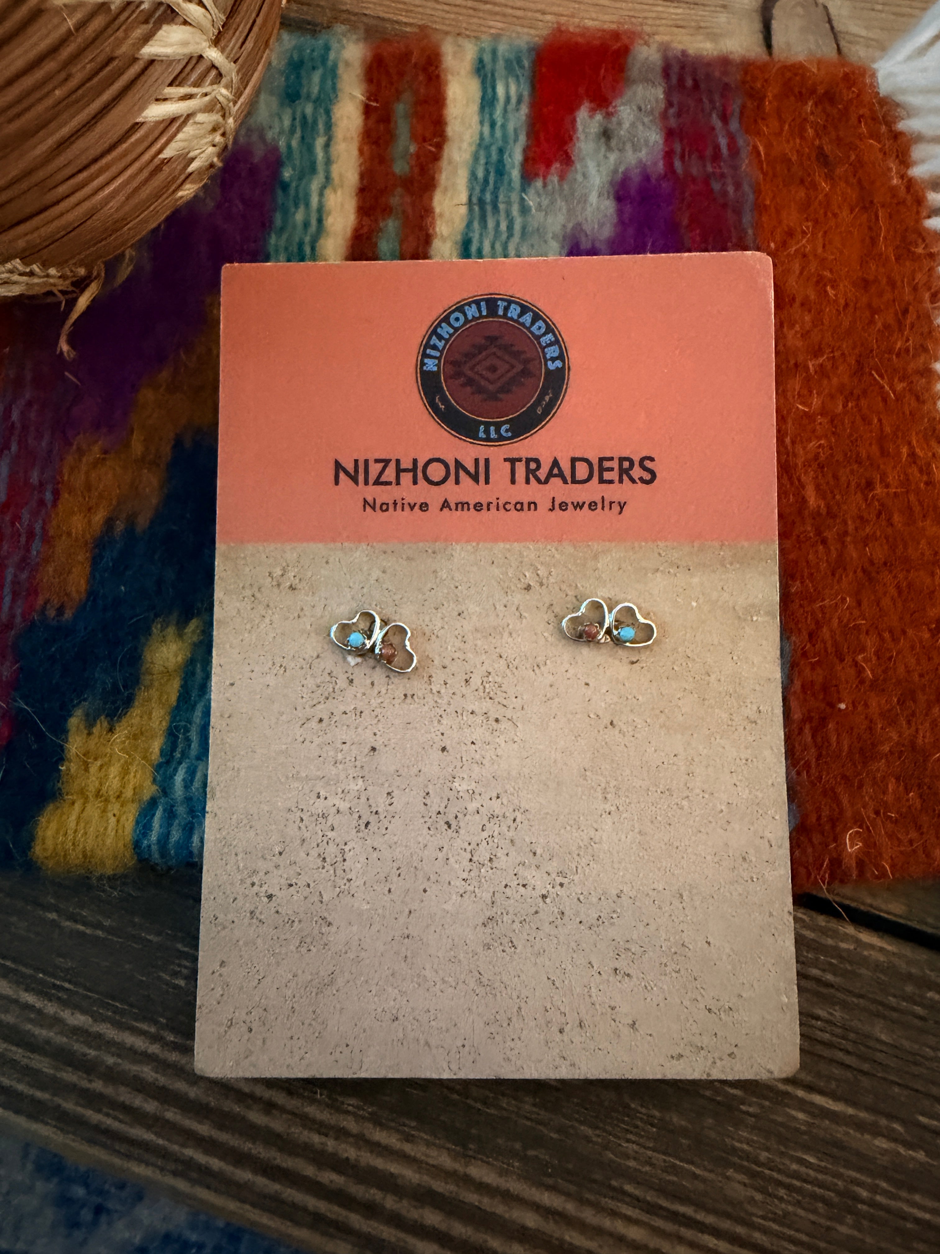 Handcrafted Turquoise, Coral & Sterling Silver Heart Stud Earrings