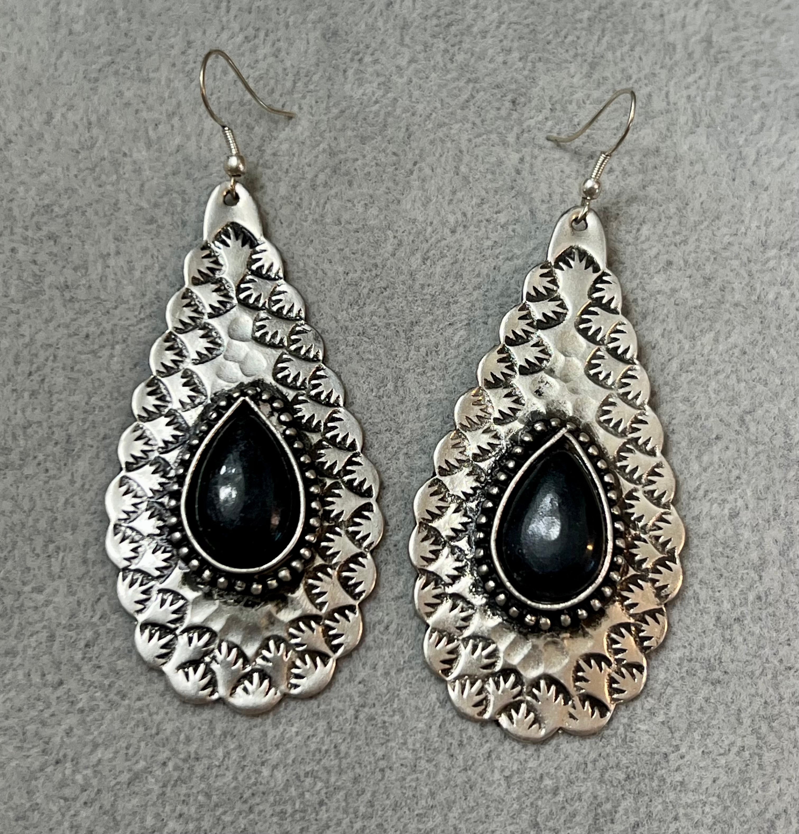 Silver-Plated Earrings with Black Teardrop Accent
