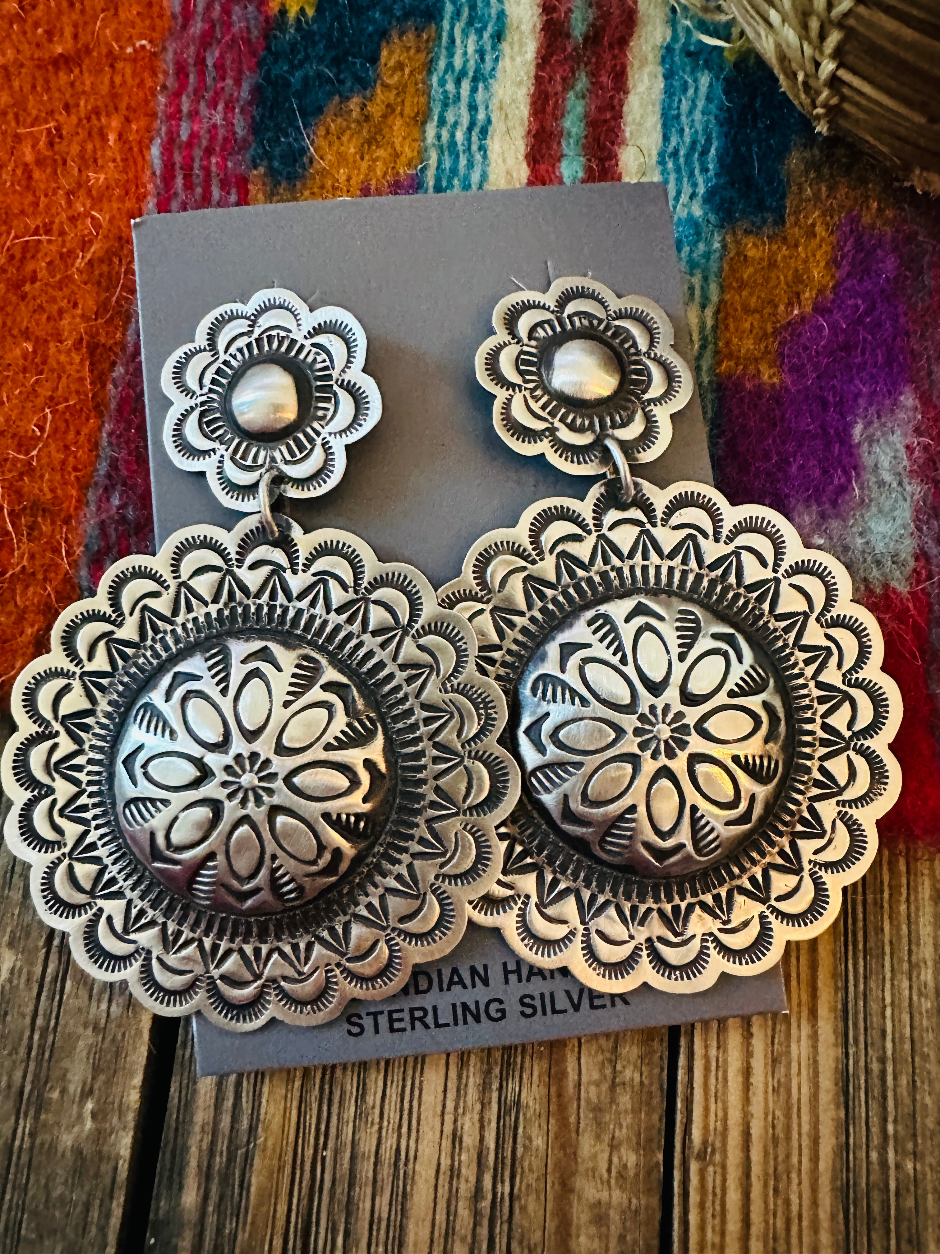 Handcrafted Sterling Silver Concho Dangle Earrings by Leander Tahe