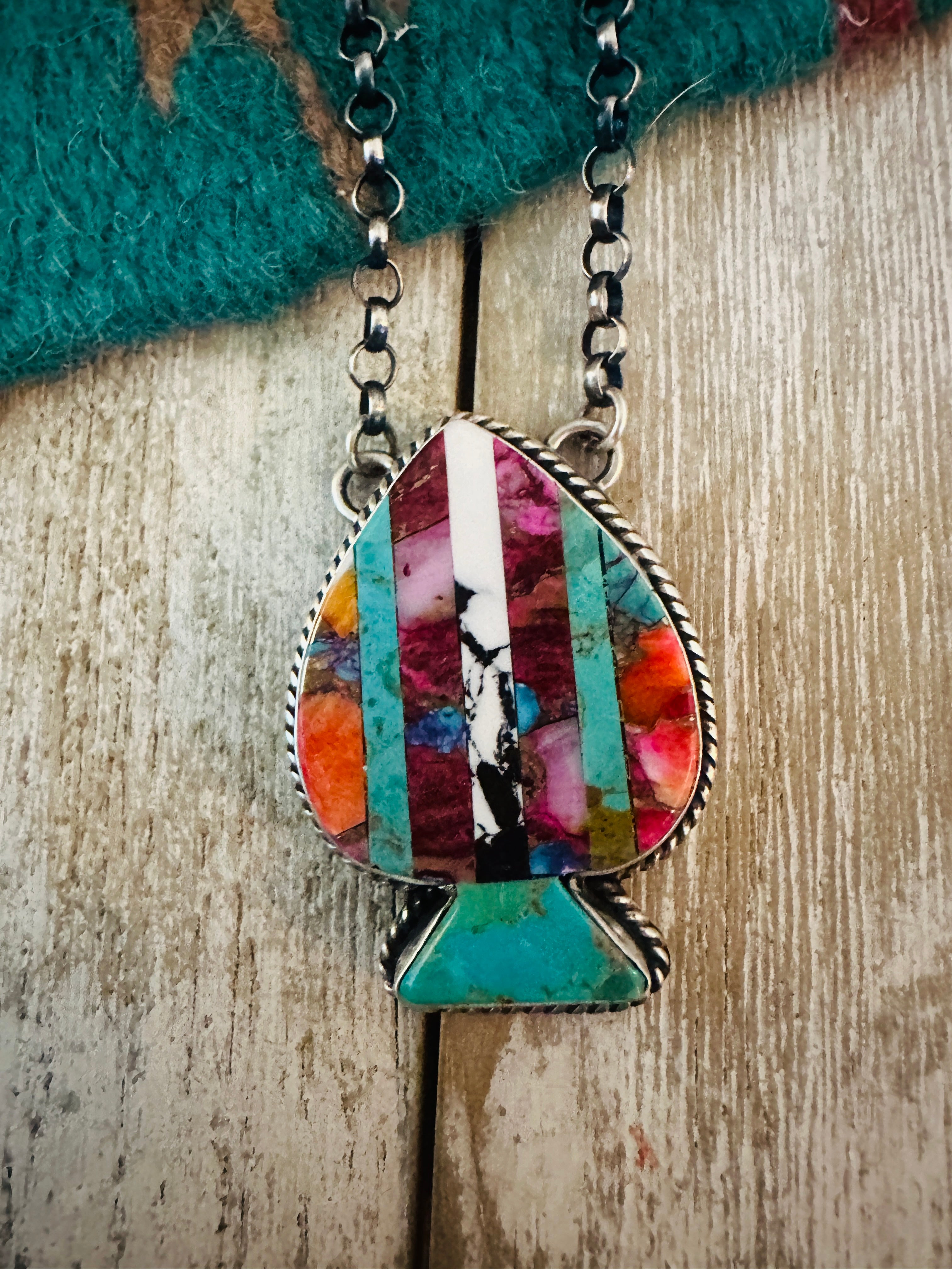 Navajo Sterling Silver & Multi Stone Inlay Spade Necklace