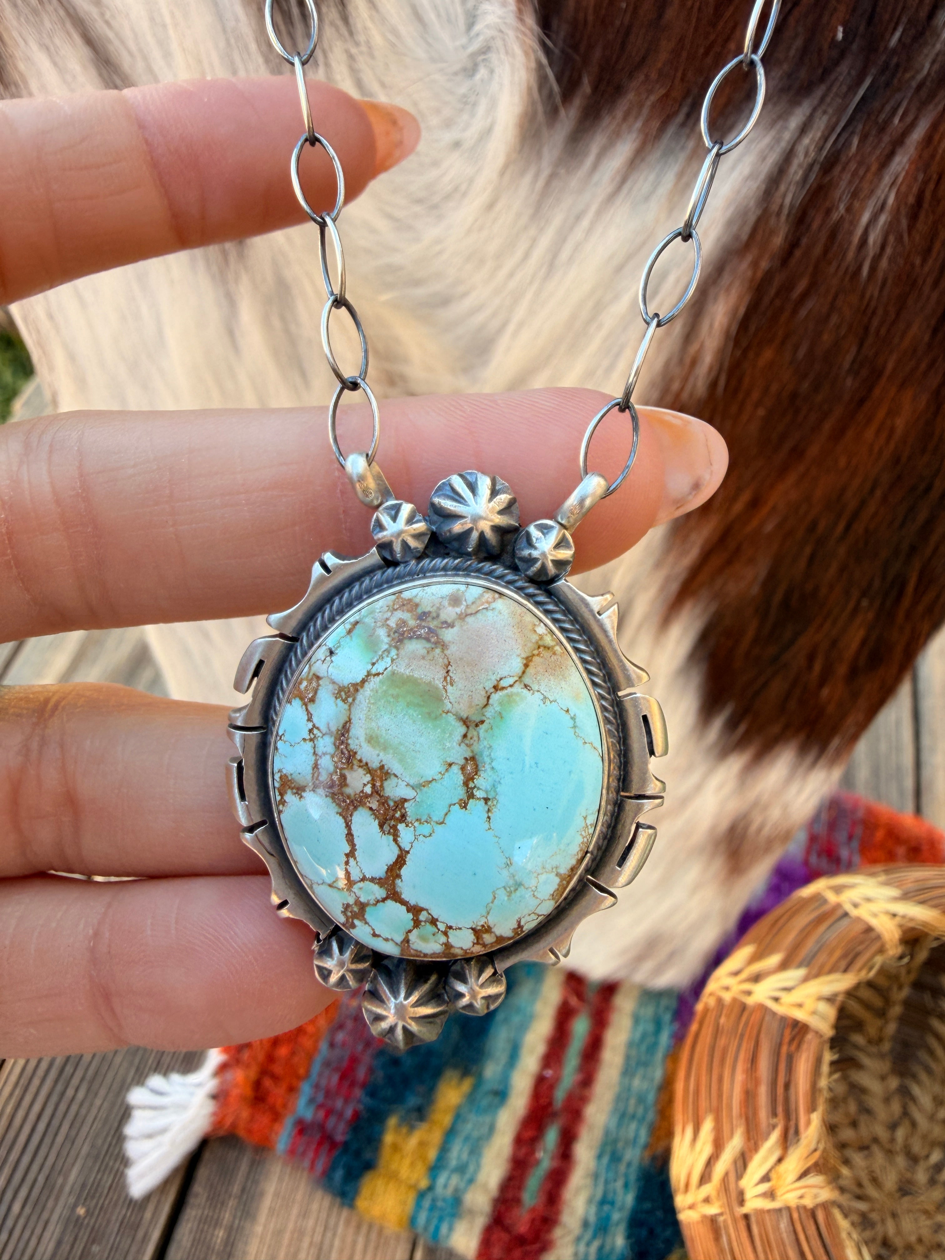 Handcrafted Golden Hills Turquoise & Sterling Silver Necklace by Daniel Benally