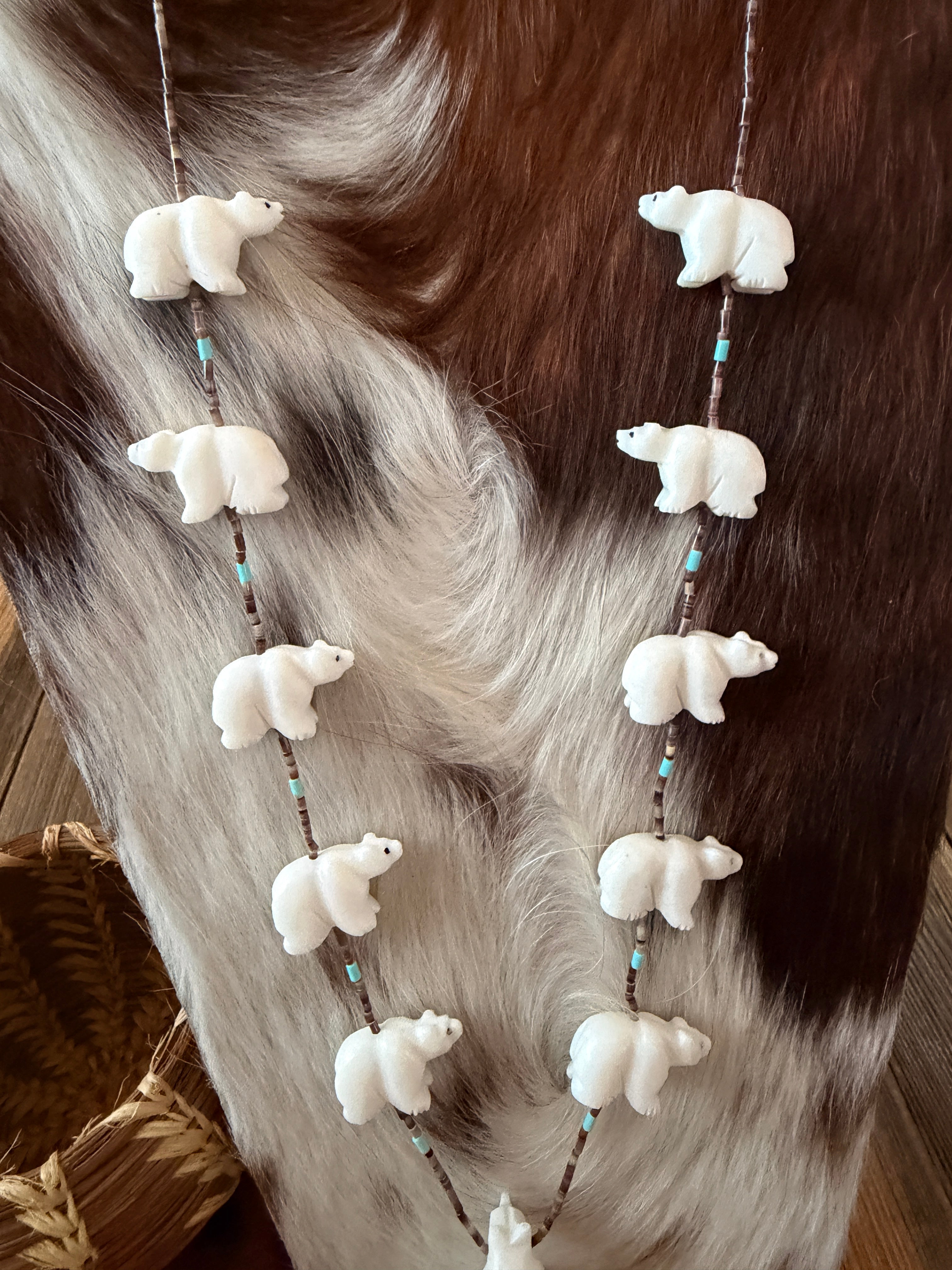 Handcrafted Sterling Silver & Beaded Fetish Bear Necklace 28" by Larry Cisco