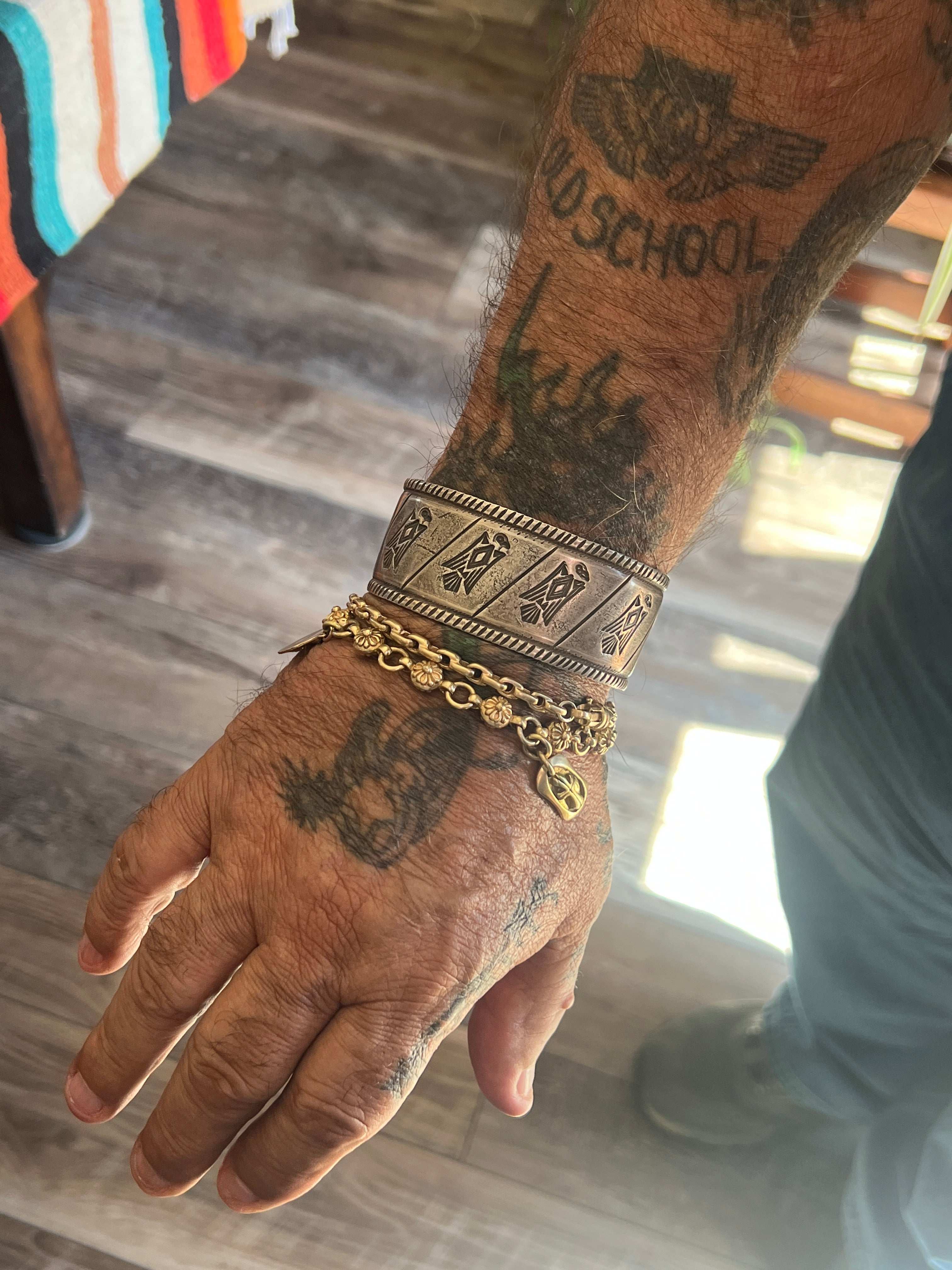 Handcrafted & Hand Forged Old Pawn Sterling Silver Ingot Cuff Bracelet by Santa Fe Artist, Buffalo: The Birds