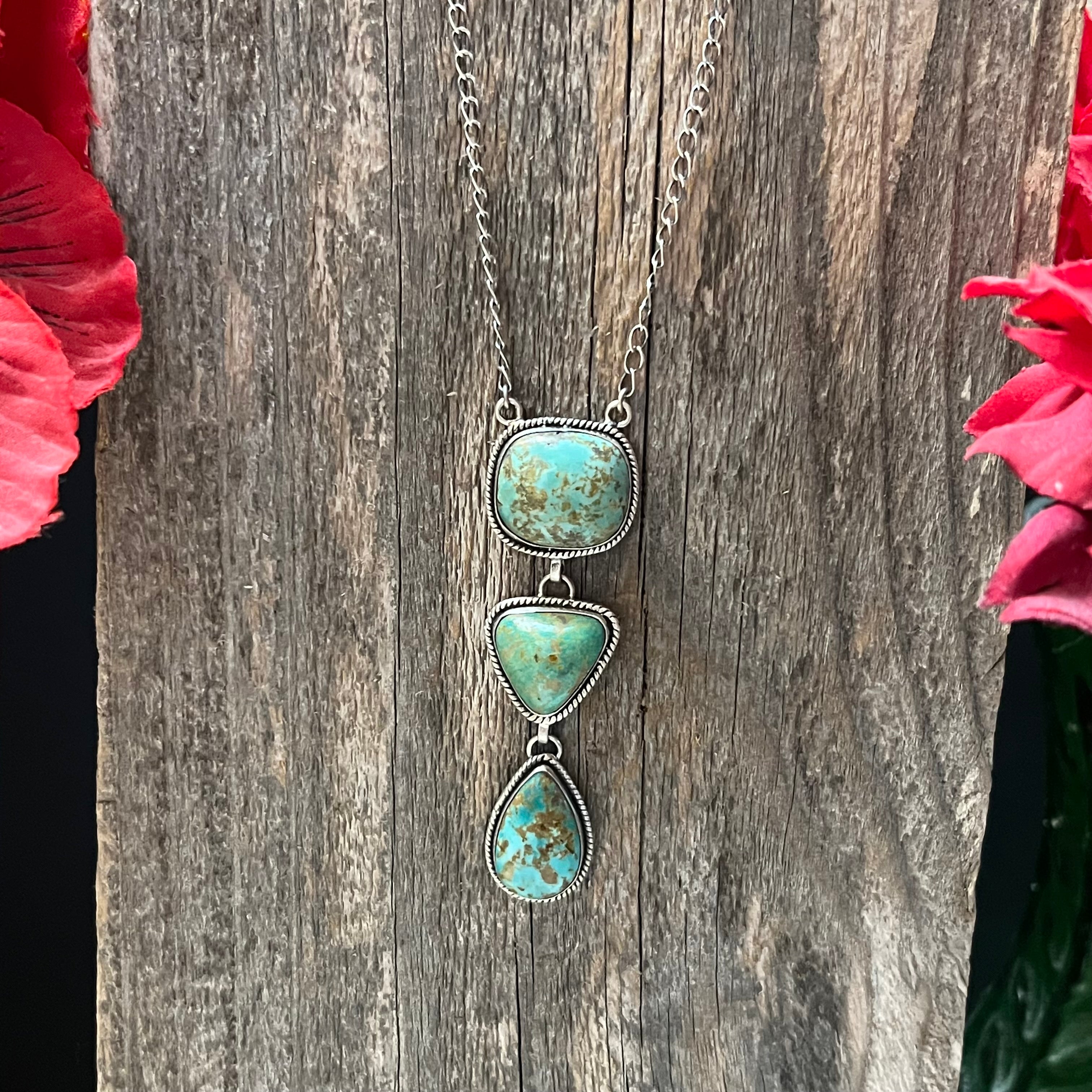 Handmade 3 Stone Turquoise & Sterling Silver Drop Necklace (06)