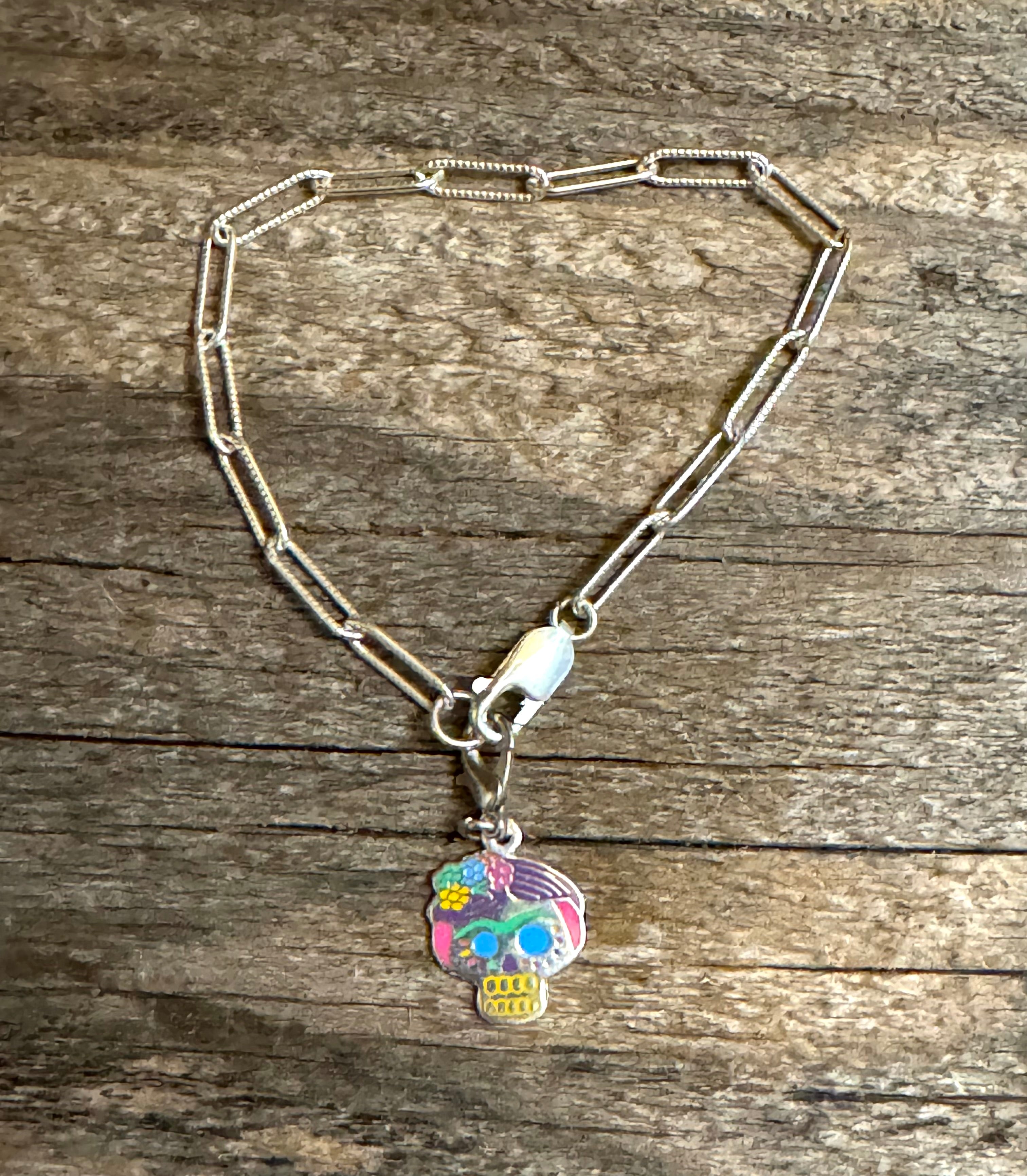 Multicolored Sugar Skull Sterling Silver Charm