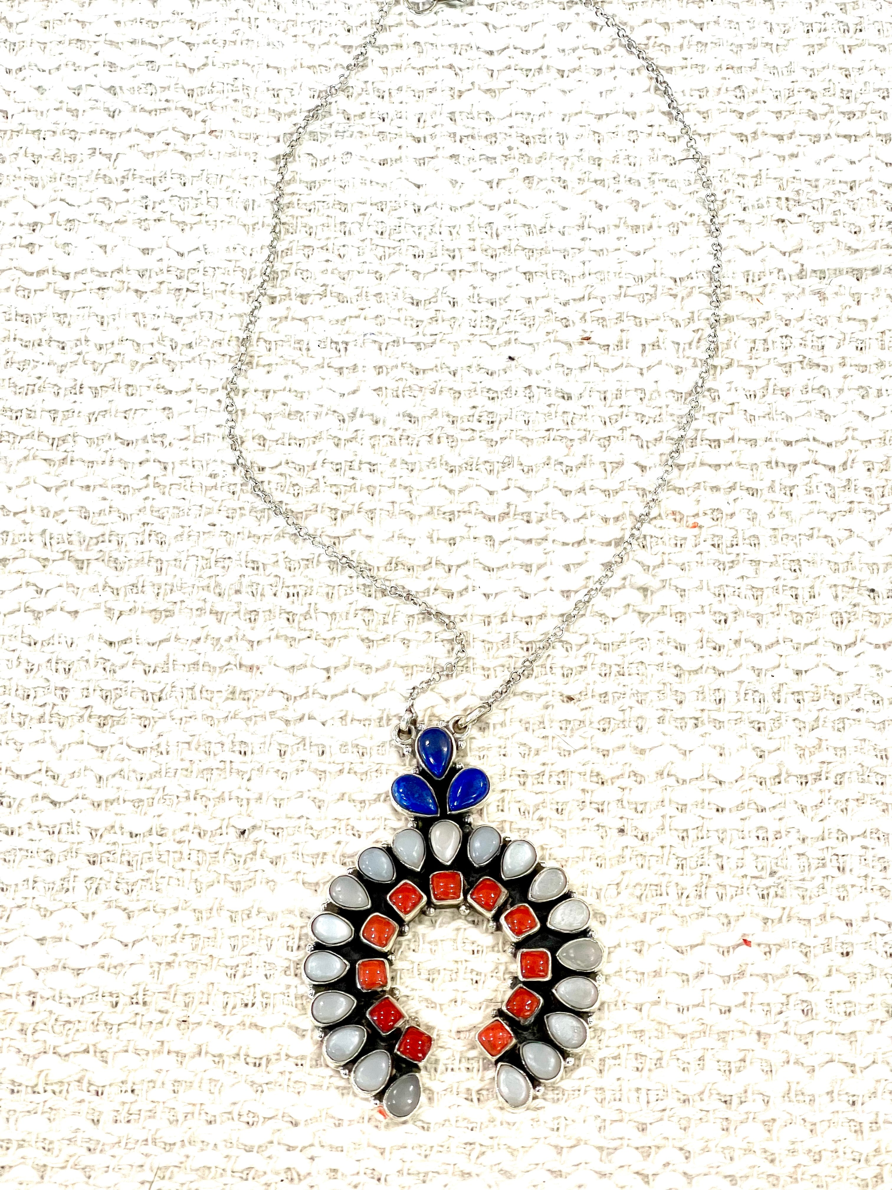 ** 4TH OF JULY ** Handmade Sterling Silver Synthetic Opal Necklace with Signed Nizhoni