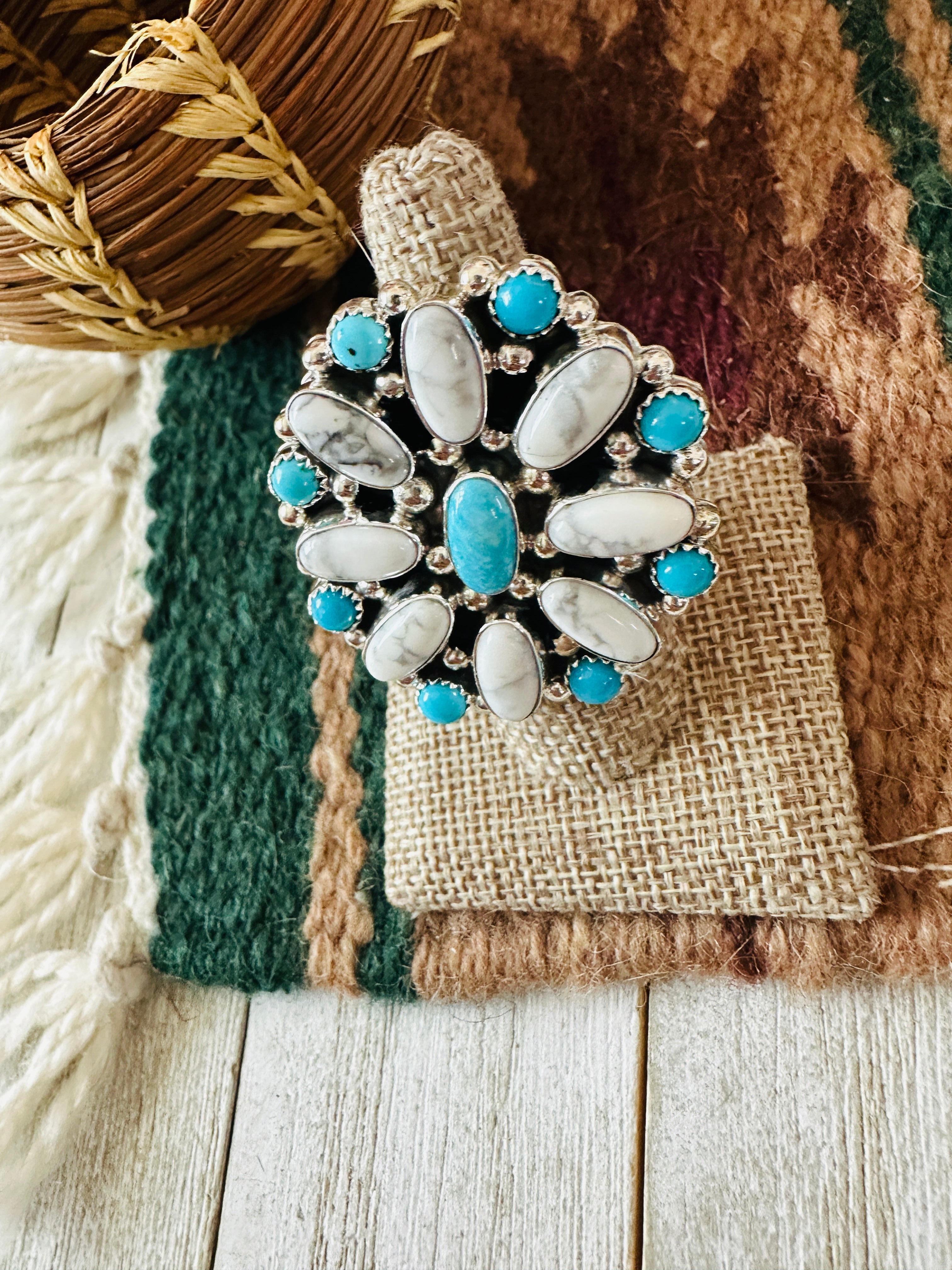 Handcrafted Sterling Silver, Turquoise & Howlite Cluster Adjustable Ring