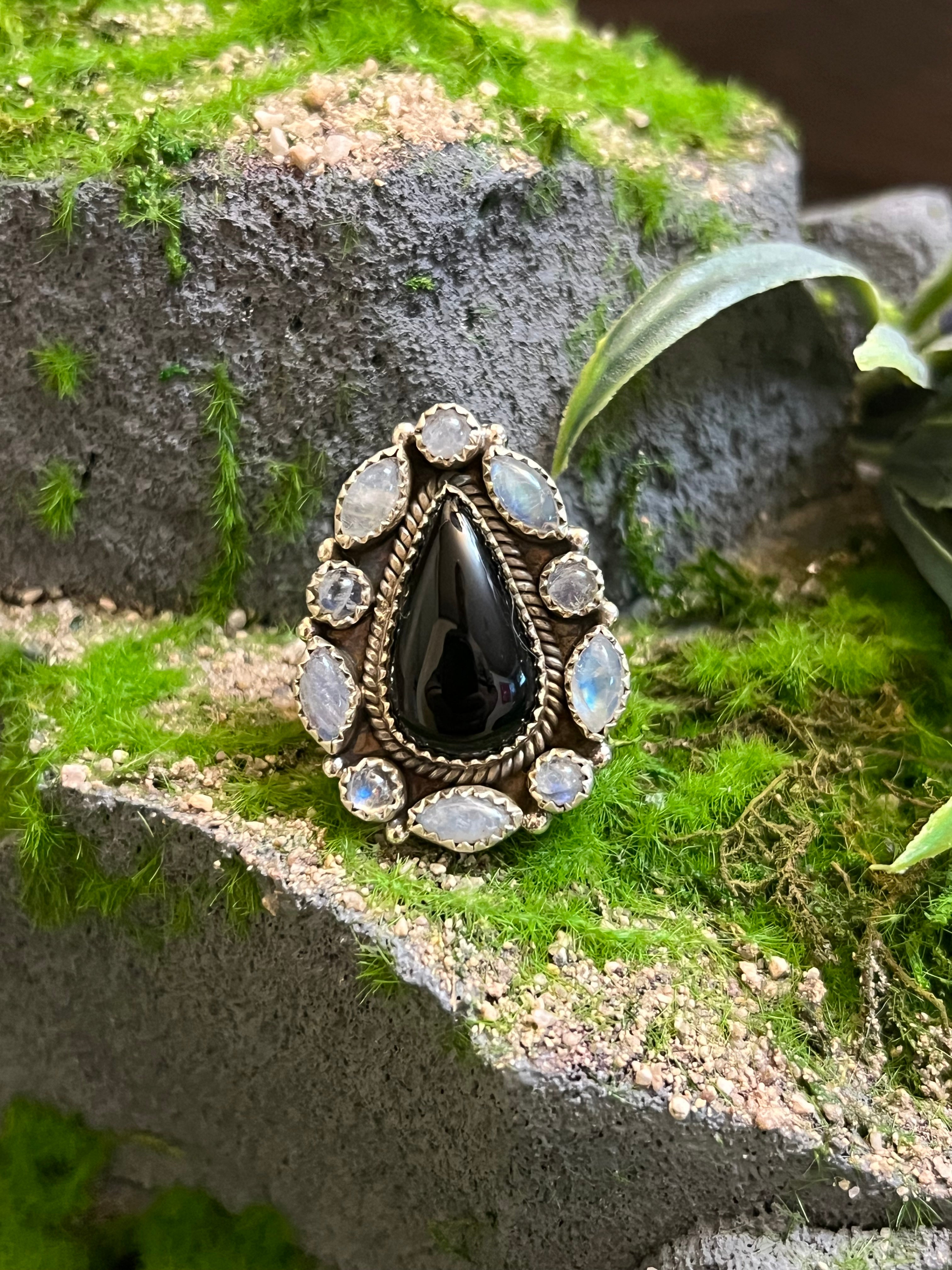 Handmade White Opal & Black Onyx TearDrop Cluster Sterling Silver Adjustable Ring