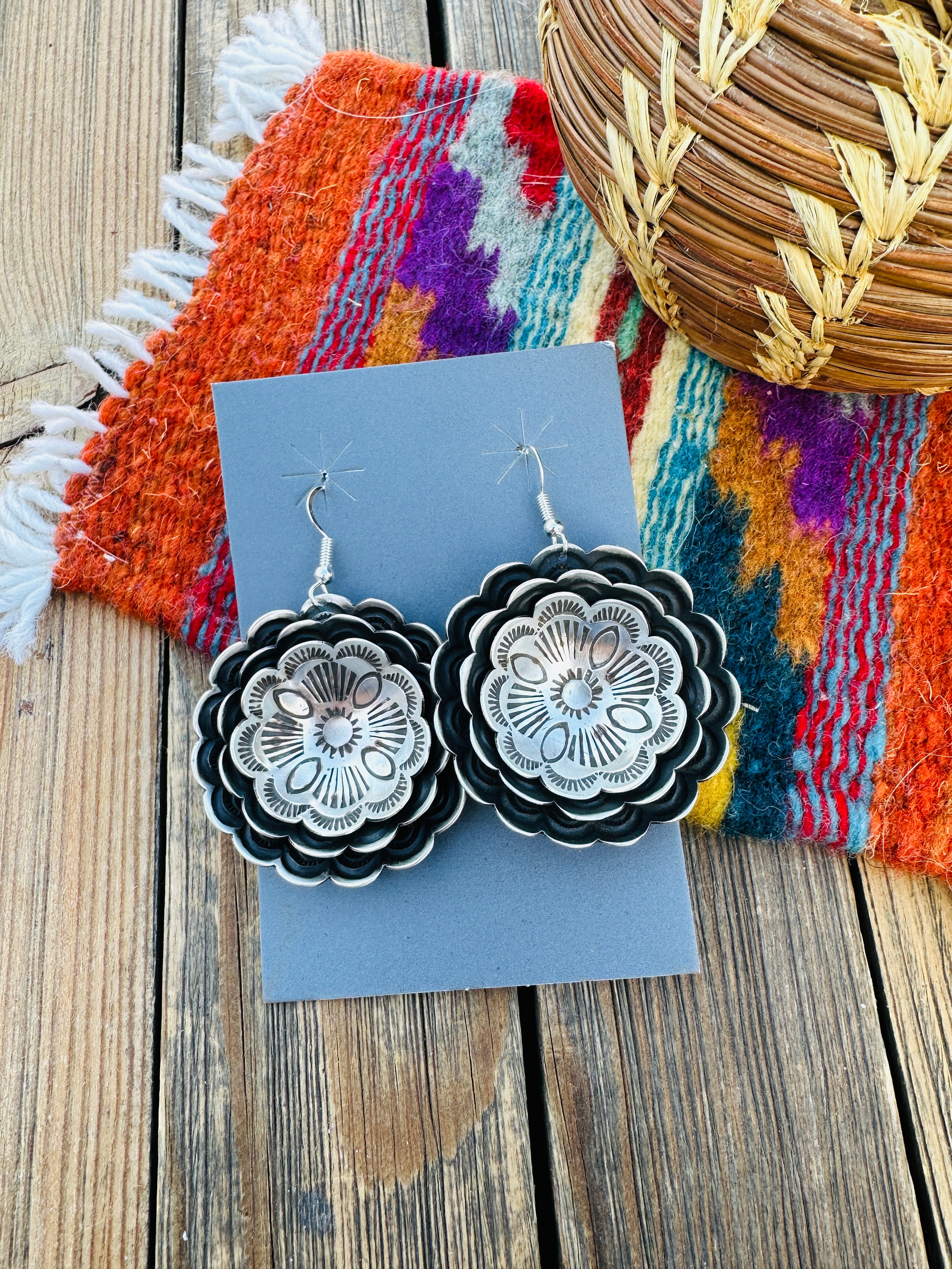 Handcrafted Sterling Silver Concho Dangle Earrings by Leander Tahe