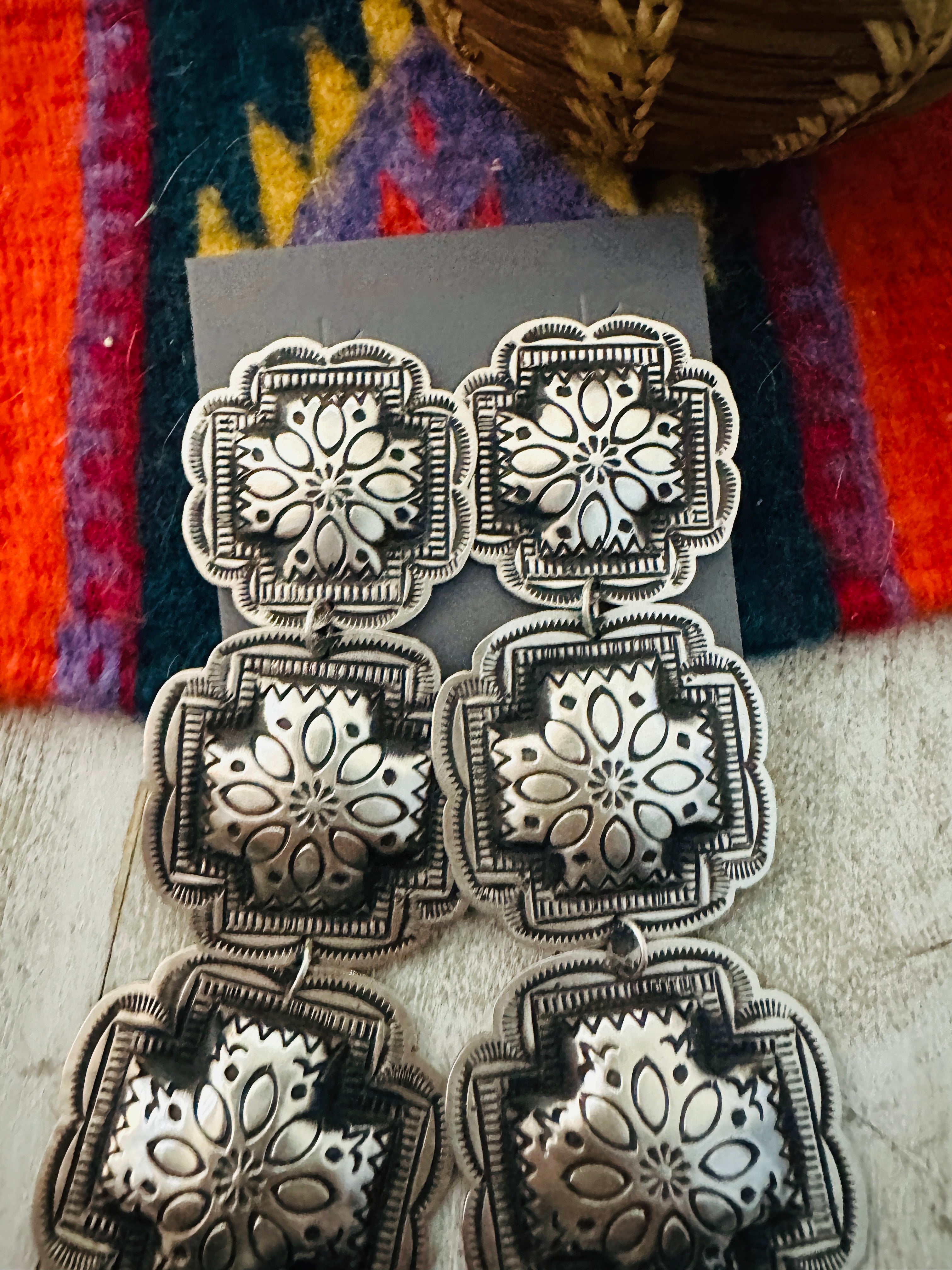 Handcrafted & Hand Stamped Sterling Silver Concho Dangle Earrings by Leander Tahe