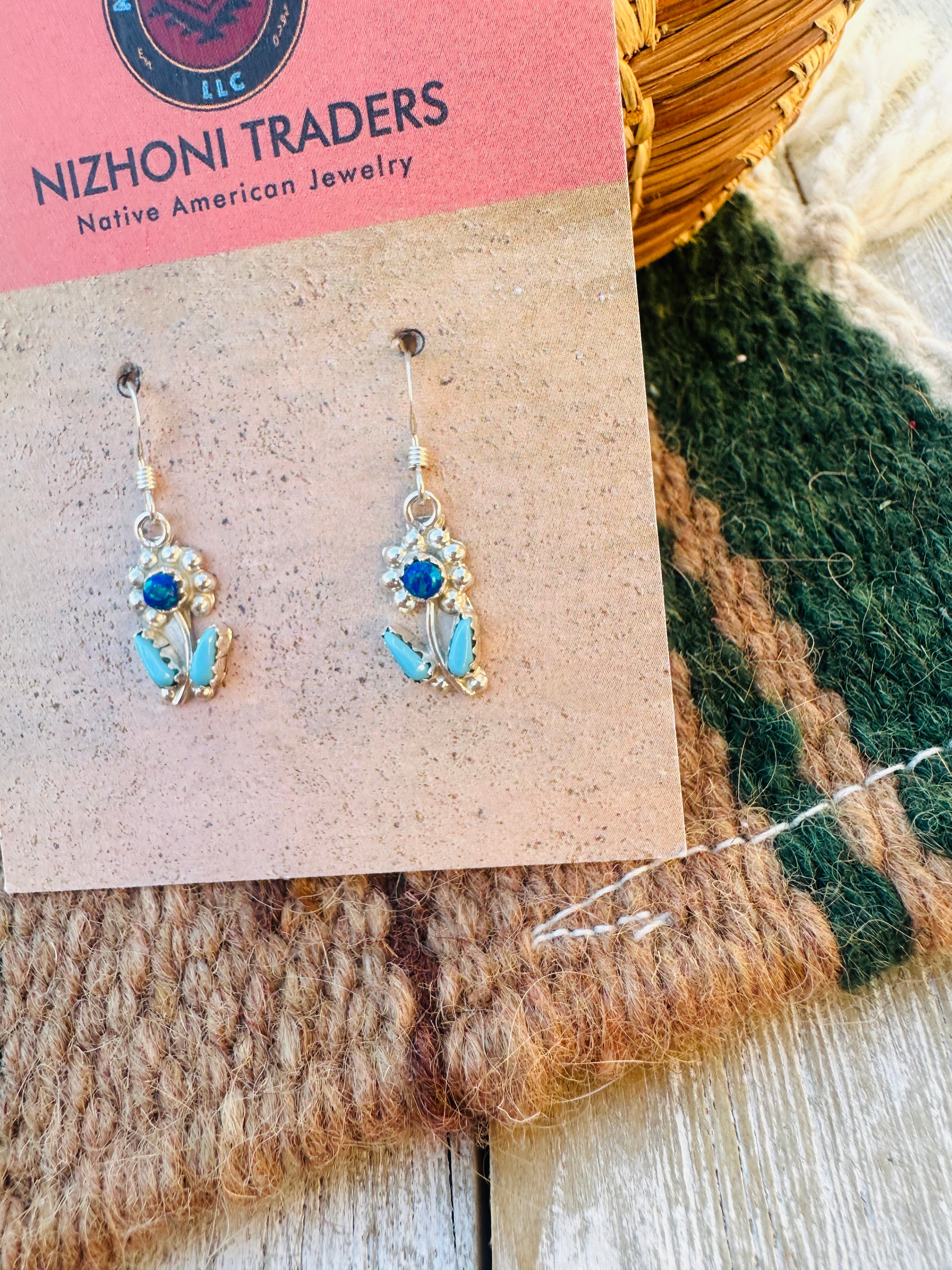 Handcrafted Turquoise, Dark Blue Opal & Sterling Silver Flower Dangle Earrings