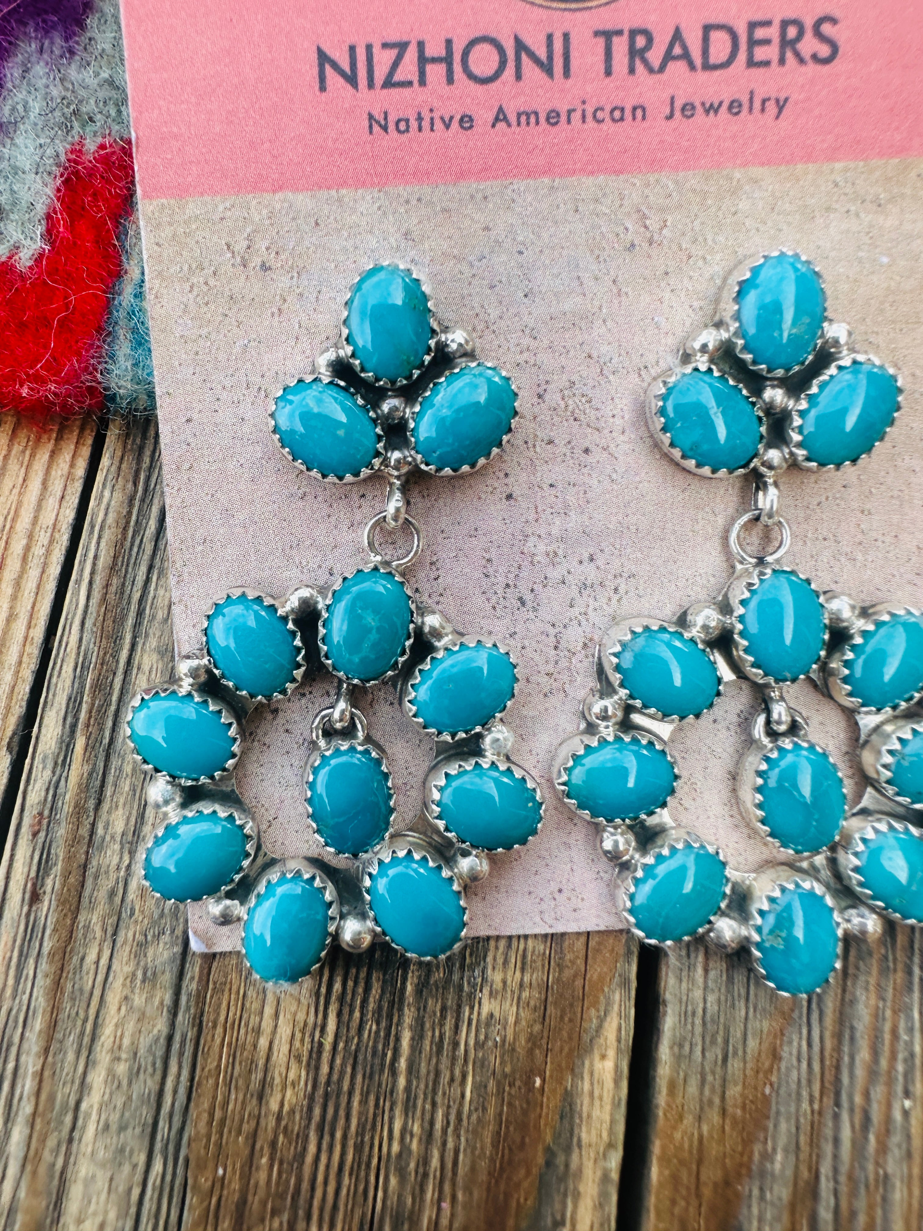 Handcrafted Emerald Valley Turquoise & Sterling Silver Cluster Dangle Earrings