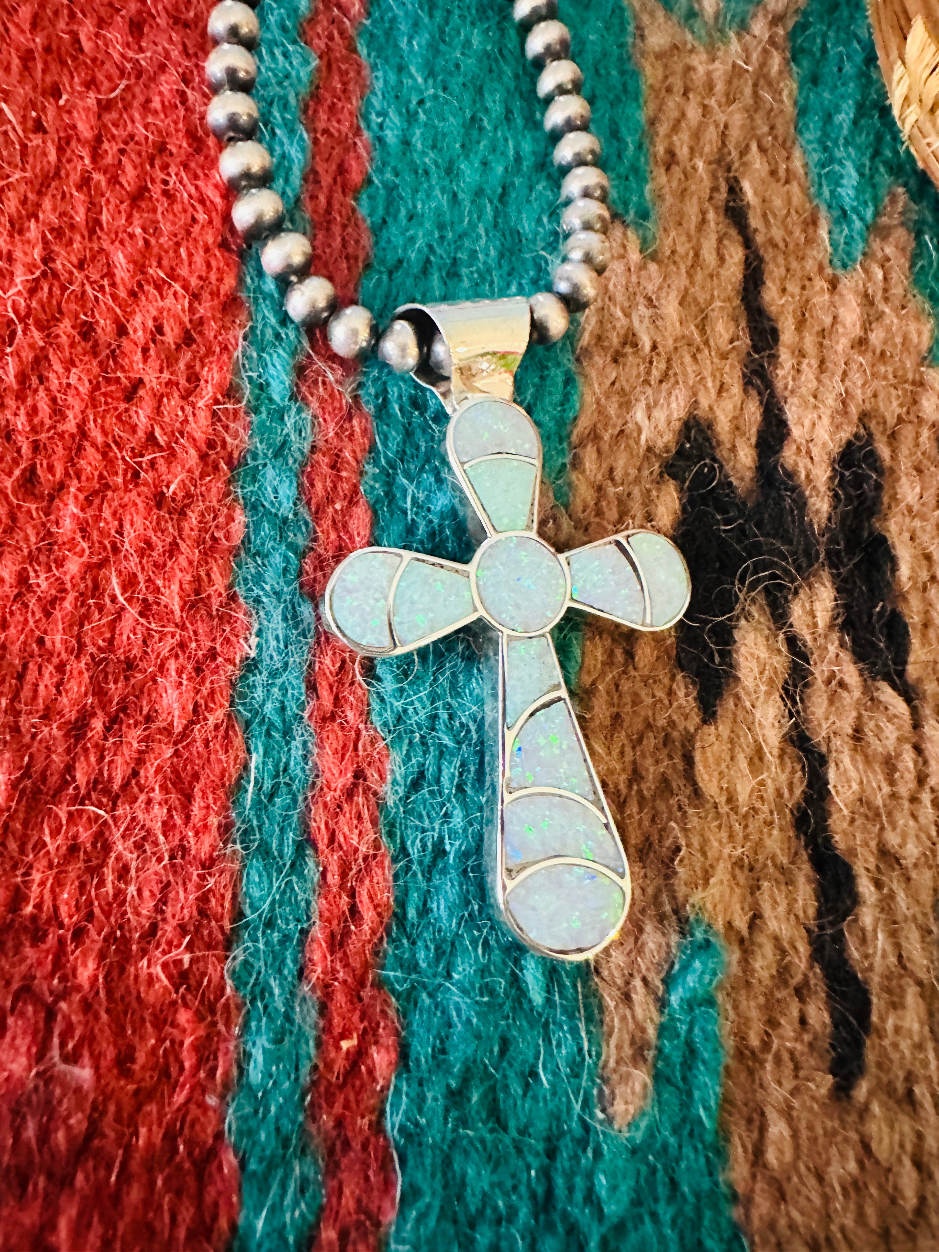 Handcrafted Sterling Silver & White Opal Inlay Cross Pendant Signed