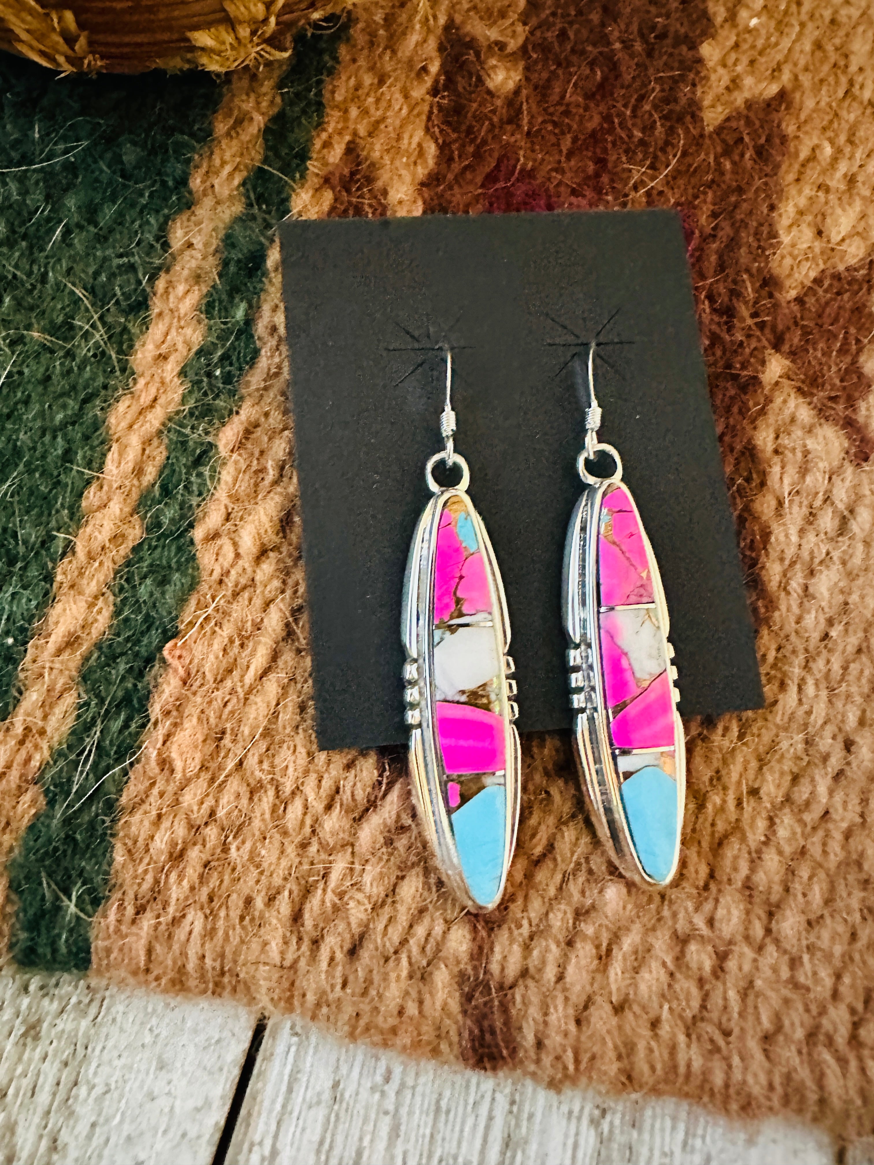 Handcrafted Cotton Candy and Sterling Silver Inlay Dangle Earrings