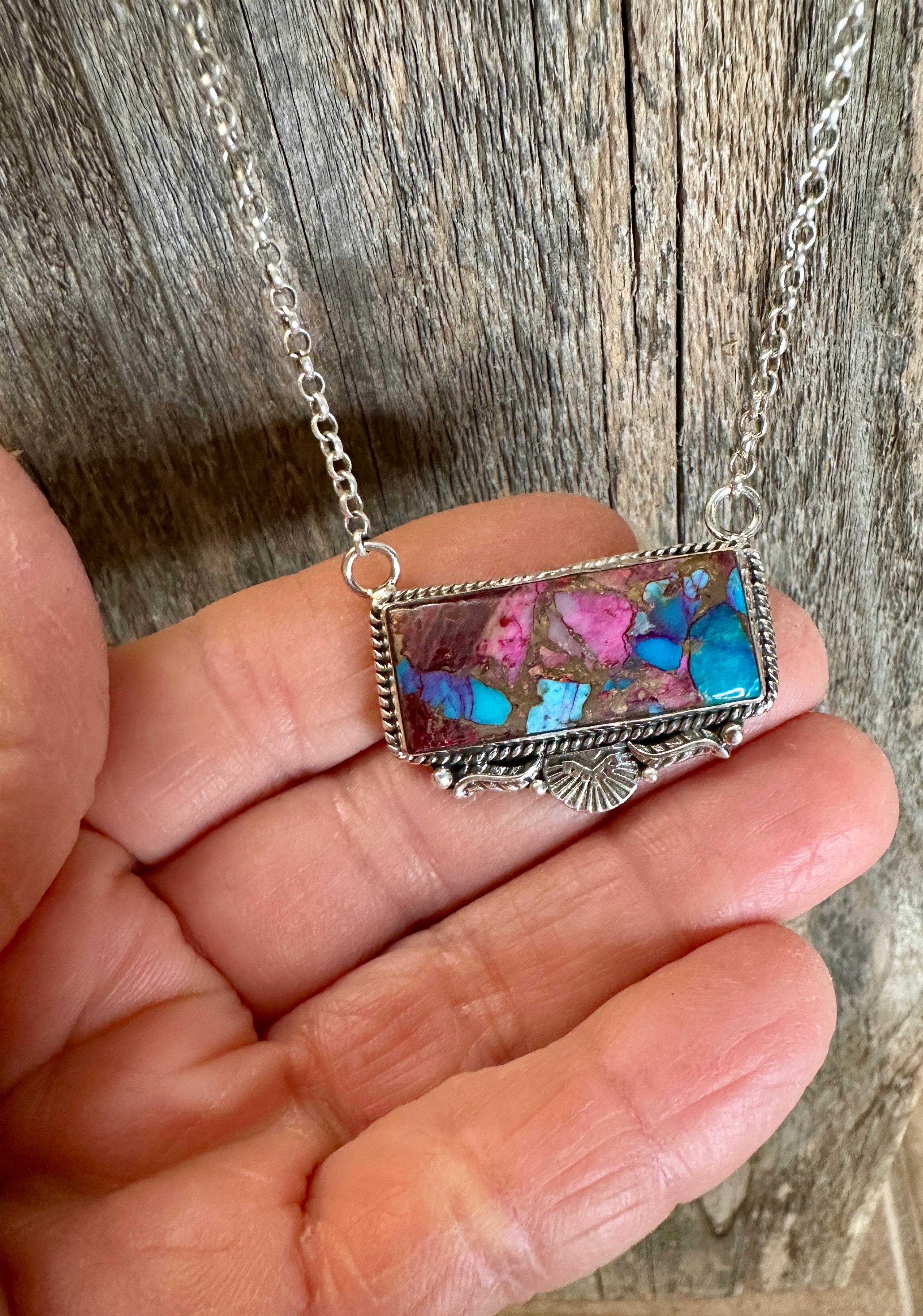 Handmade Pink Dream Mojave & Sterling Silver Bar Necklace