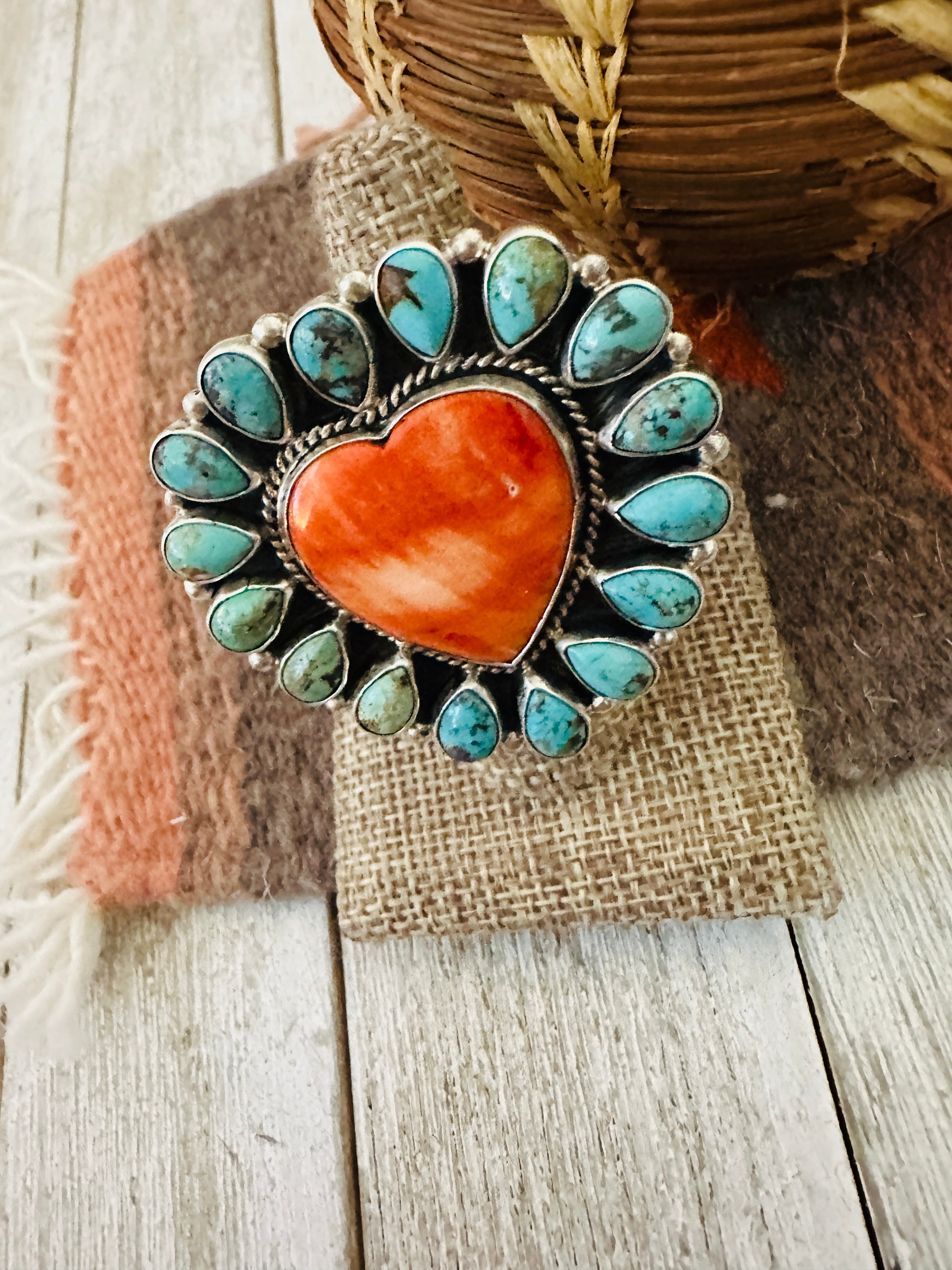 Handcrafted Sterling Silver, Spiny & Turquoise Cluster Adjustable Heart Ring
