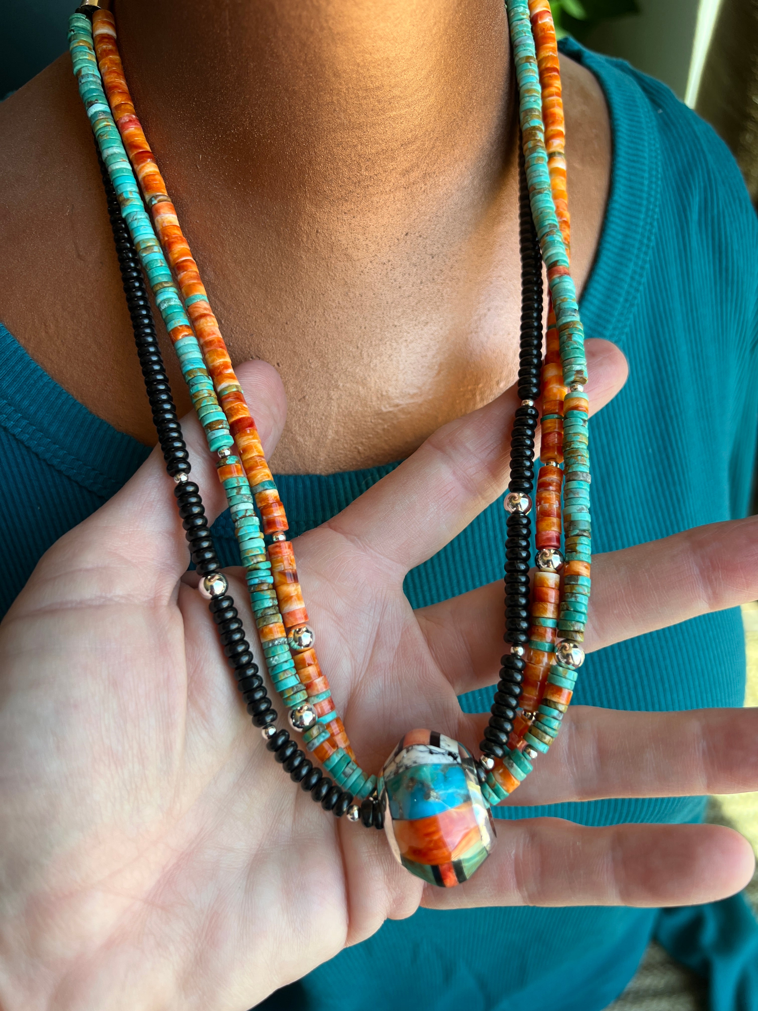 Daniel Coriz Triple Strand Spiny Oyster, Onyx and Turquoise Beaded Necklace w/ Removable Sterling Silver & Stone Inlay Bead