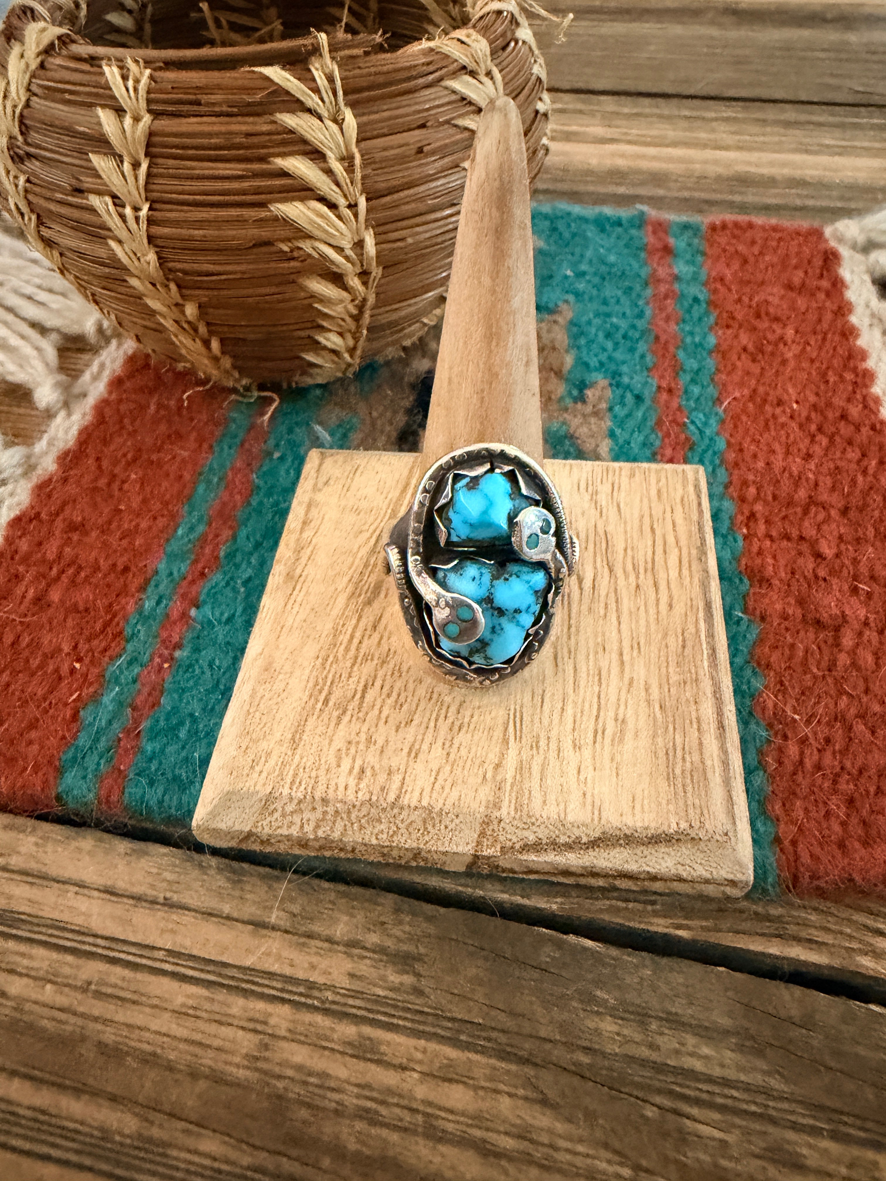 Old Pawn Handcrafted Turquoise & Sterling Silver Snake Ring Size 11.5 by Effie Calavaza