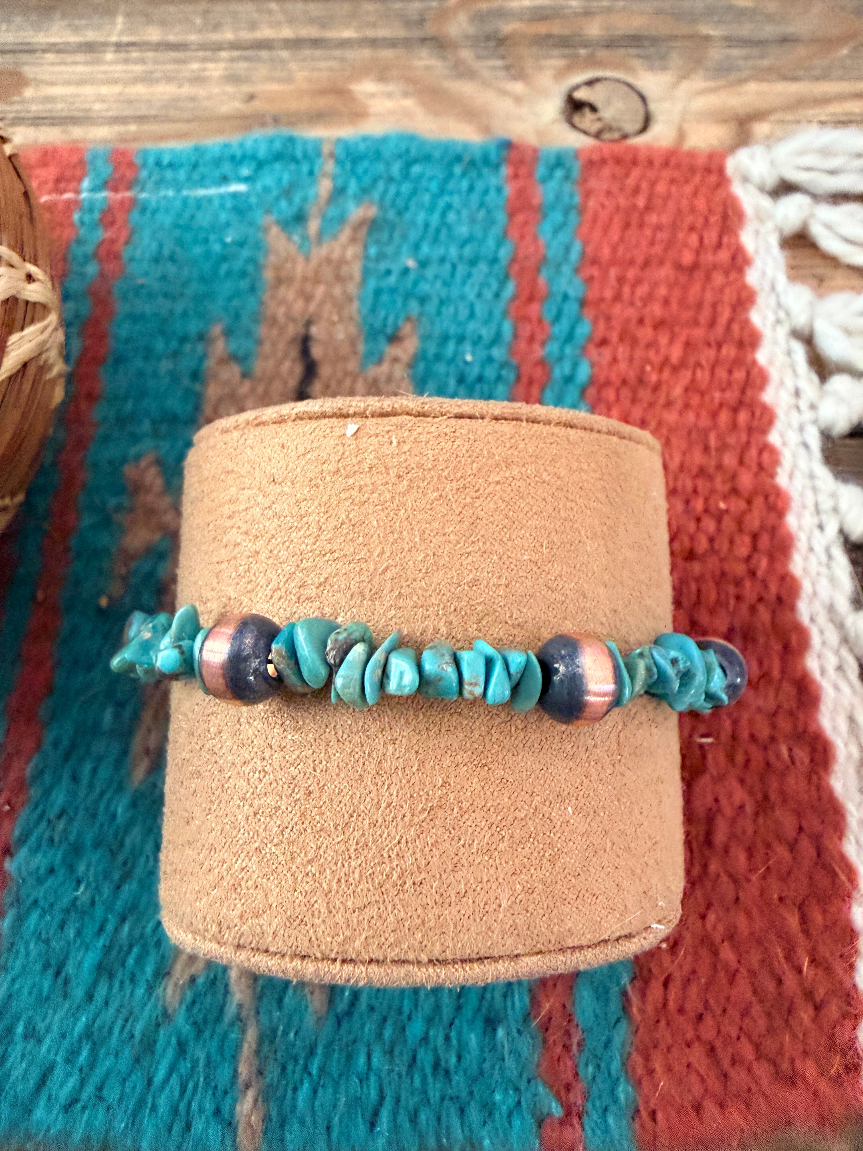 Handcrafted Turquoise & Copper Beaded Bracelet 7.5”