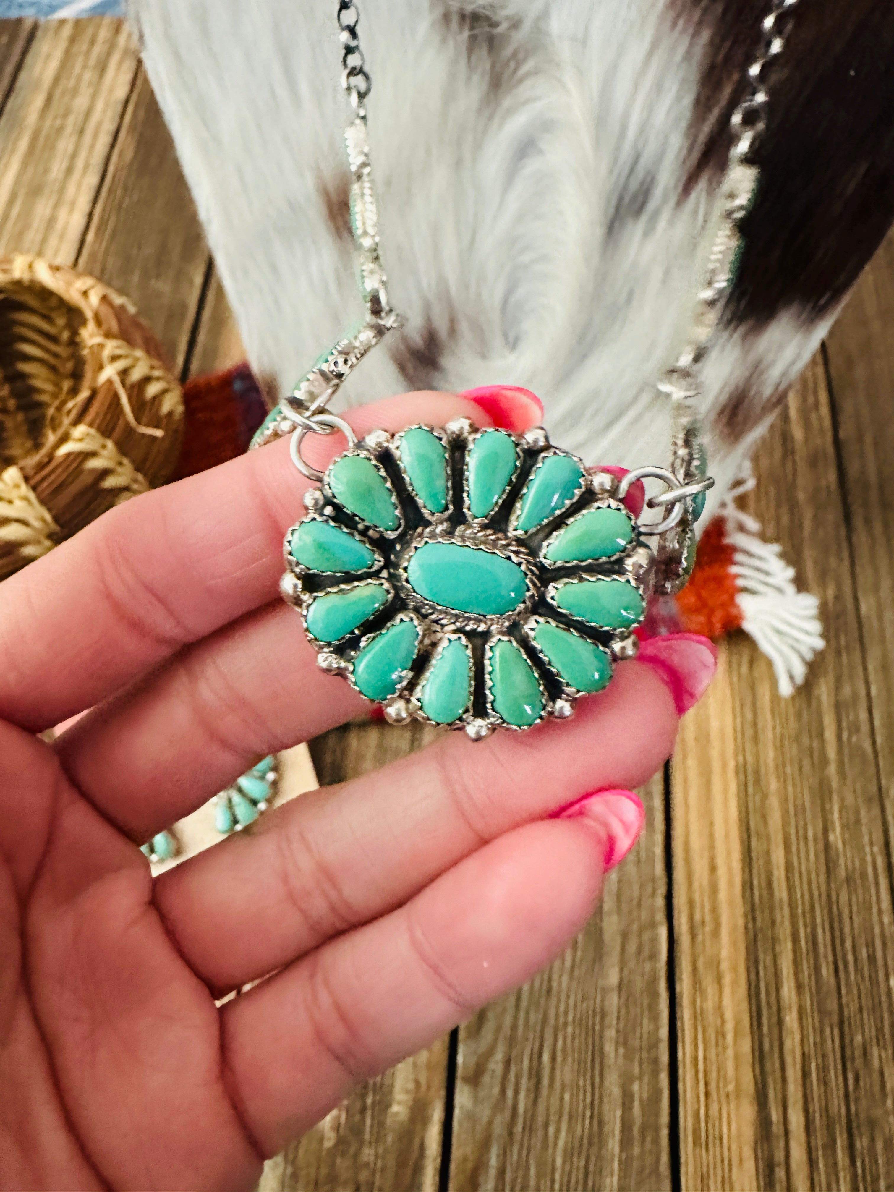 Handcrafted Turquoise & Sterling Silver Cluster Necklace and Earring Set