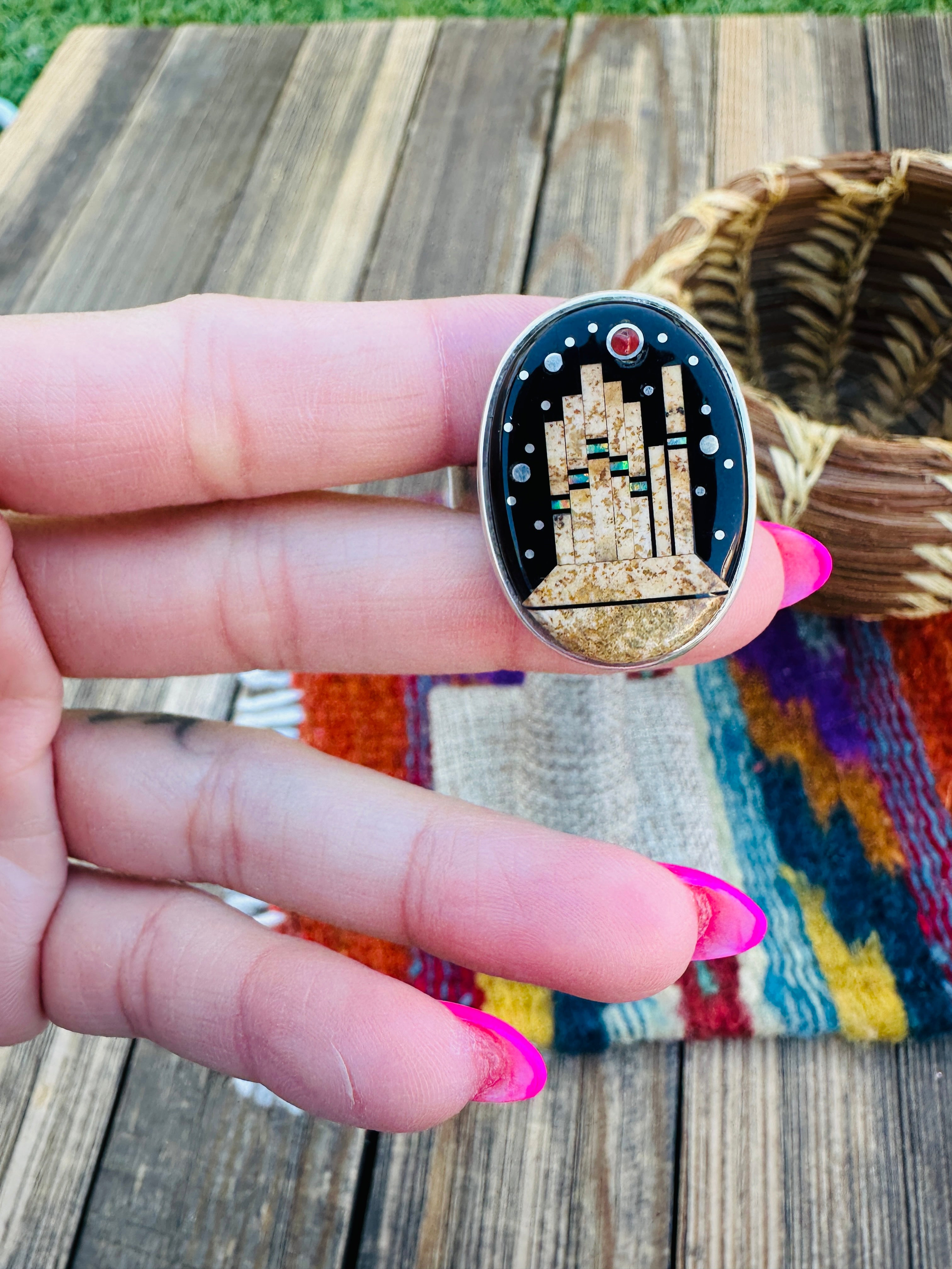 Handcrafted Multi Stone & Sterling Silver Inlay Adjustable Ring by Matthew Jack