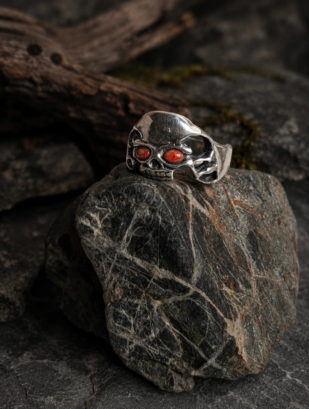 Sterling Silver Skull Ring With Coral