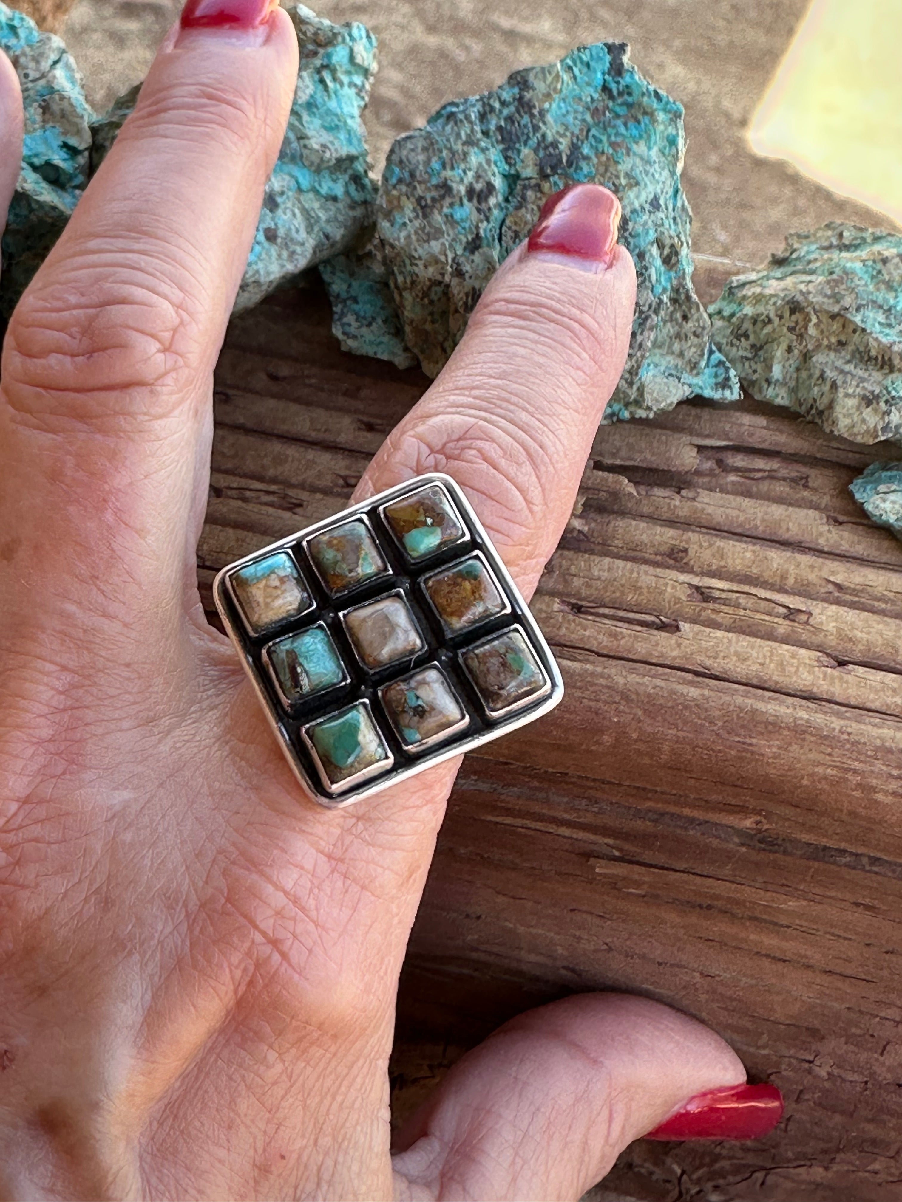 Beautiful Handmade Sterling Silver And Royston Turquoise Square Adjustable Ring