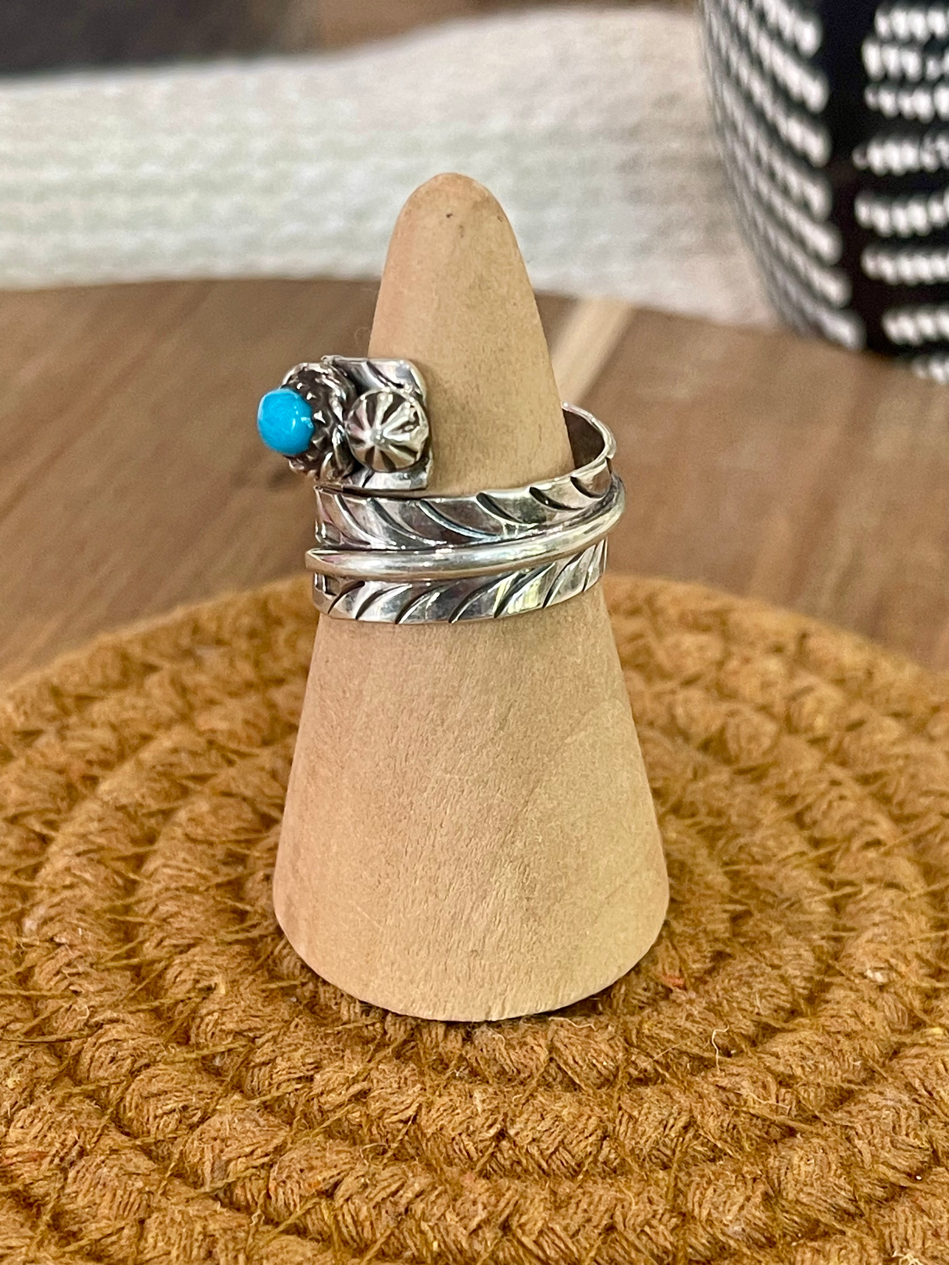 Handmade Sterling Silver & Turquoise Adjustable Feather Band Ring