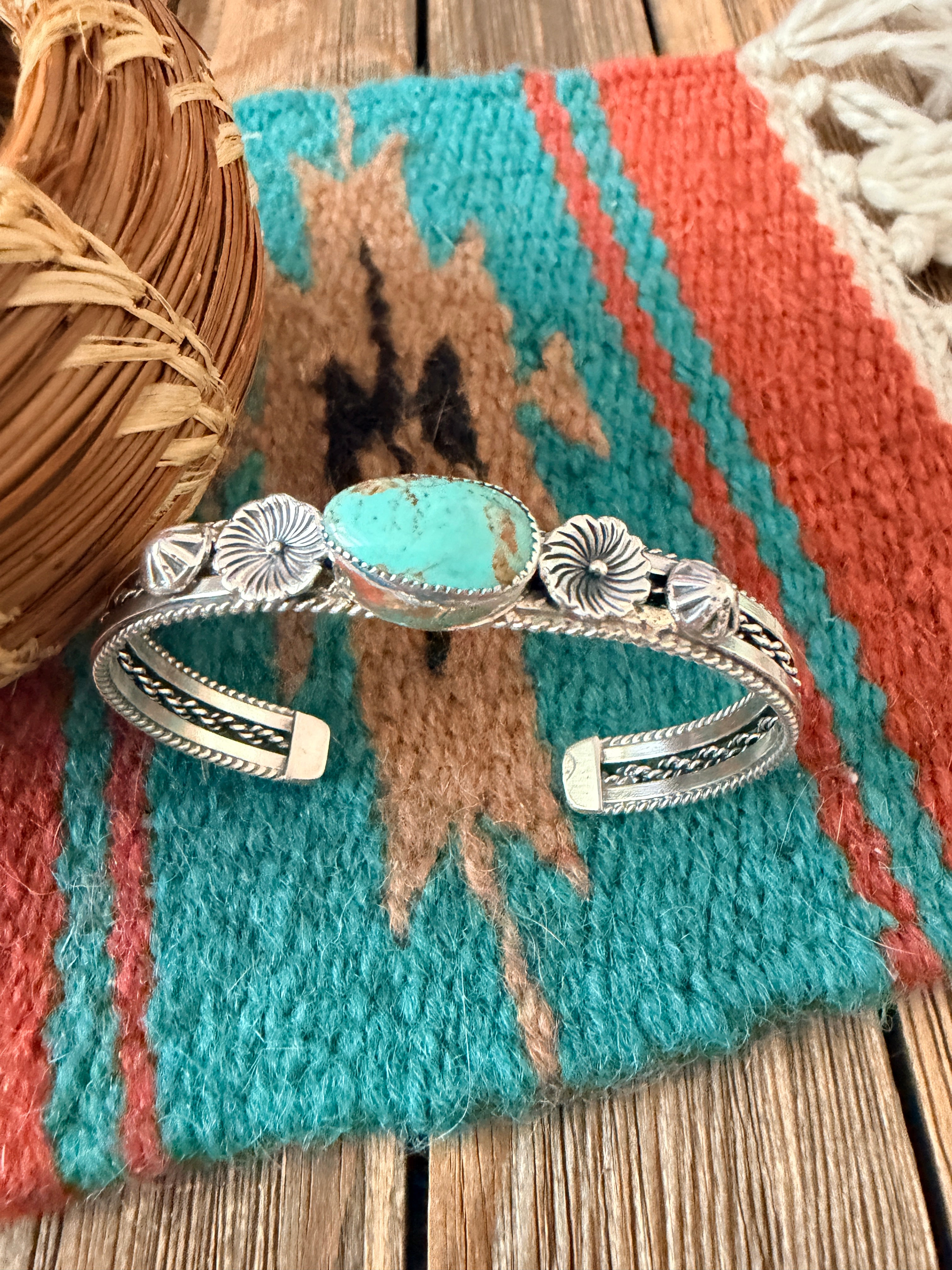 Handcrafted Sterling Silver & Turquoise Flower Cuff Bracelet