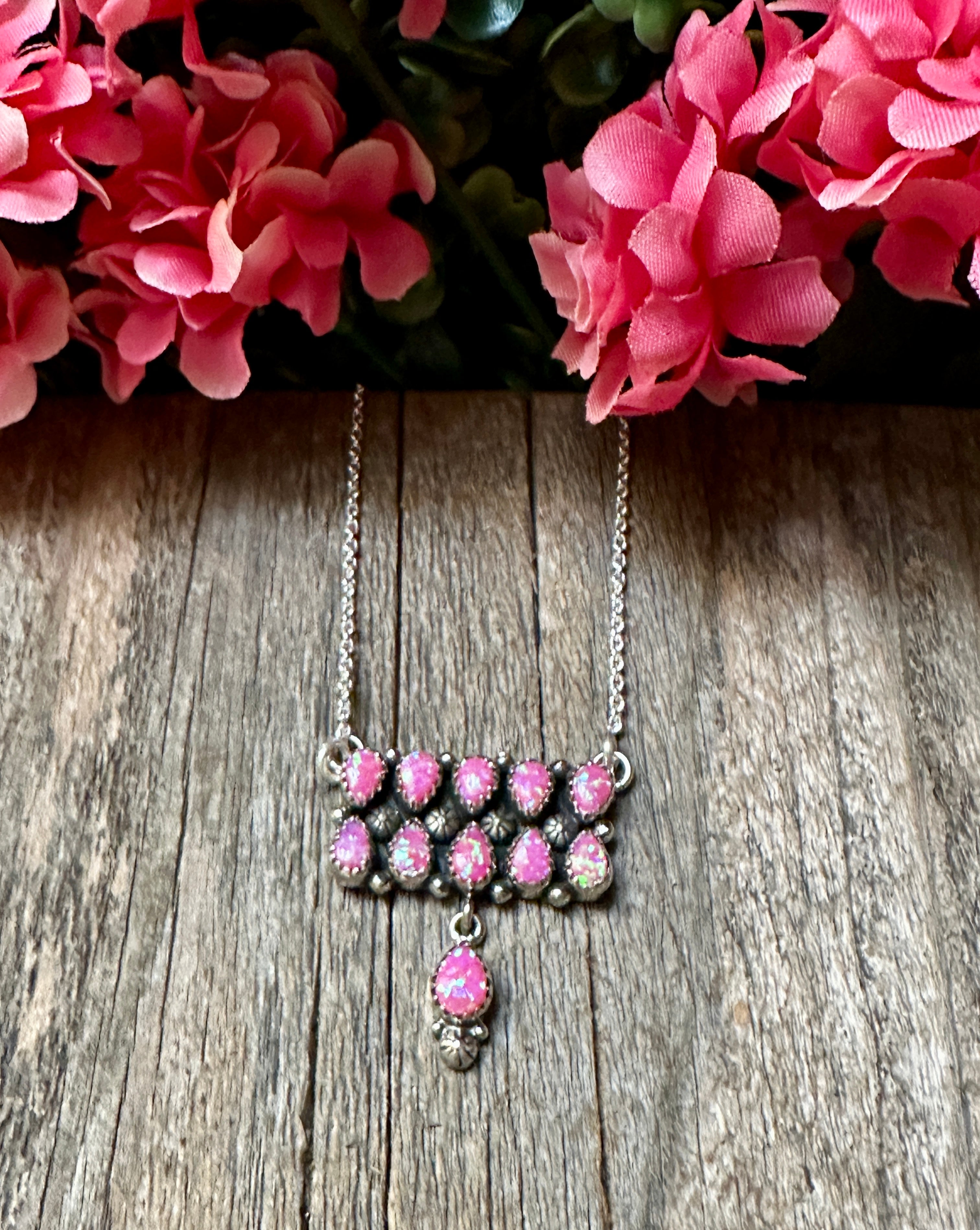 Handmade Sterling Silver & Fire Pink Opal Tear Drop Dangle, Bar Necklace